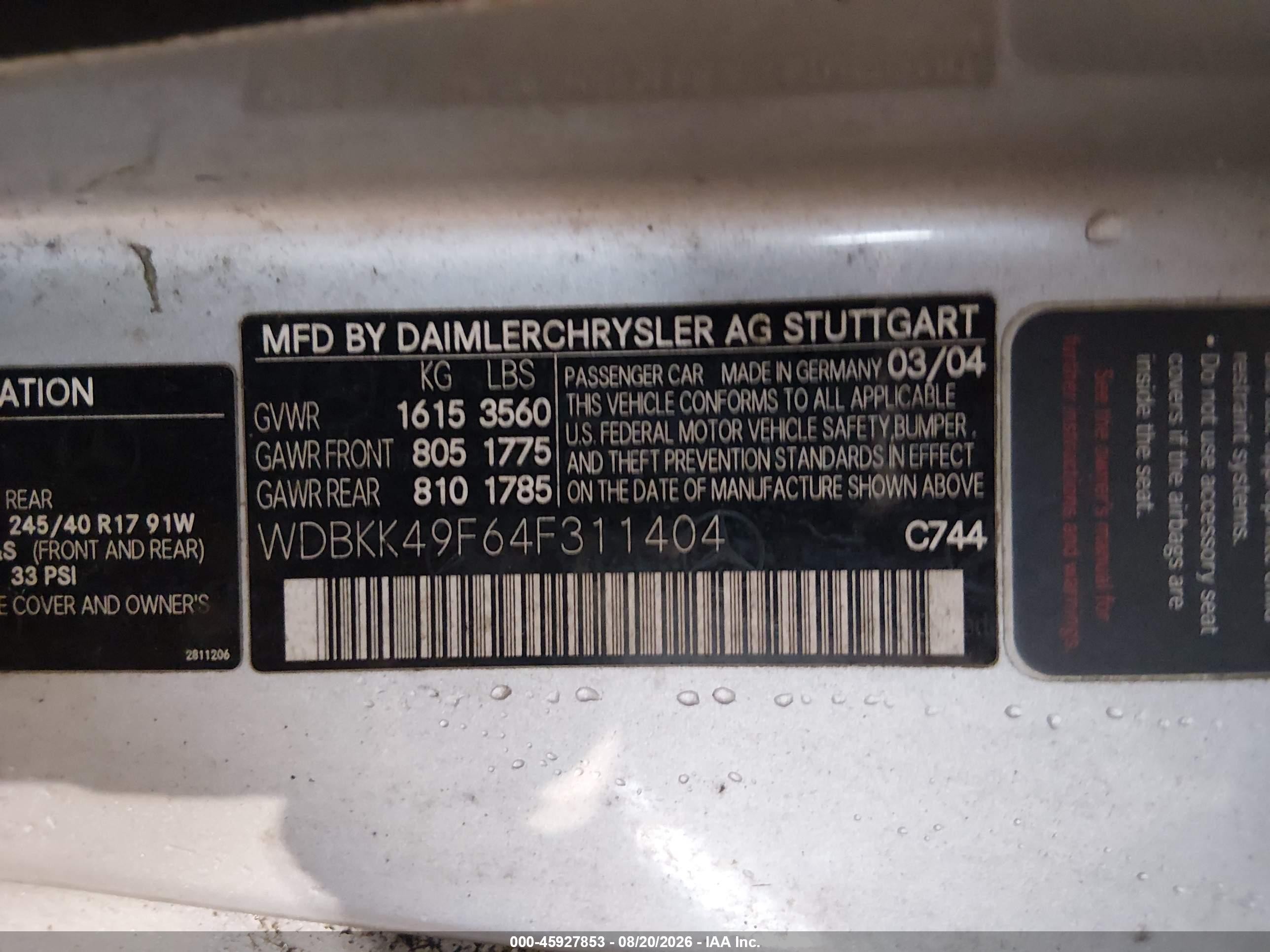 2004 Mercedes-benz Slk 230 Kompressor Серебряный vin: WDBKK49F64F311404
