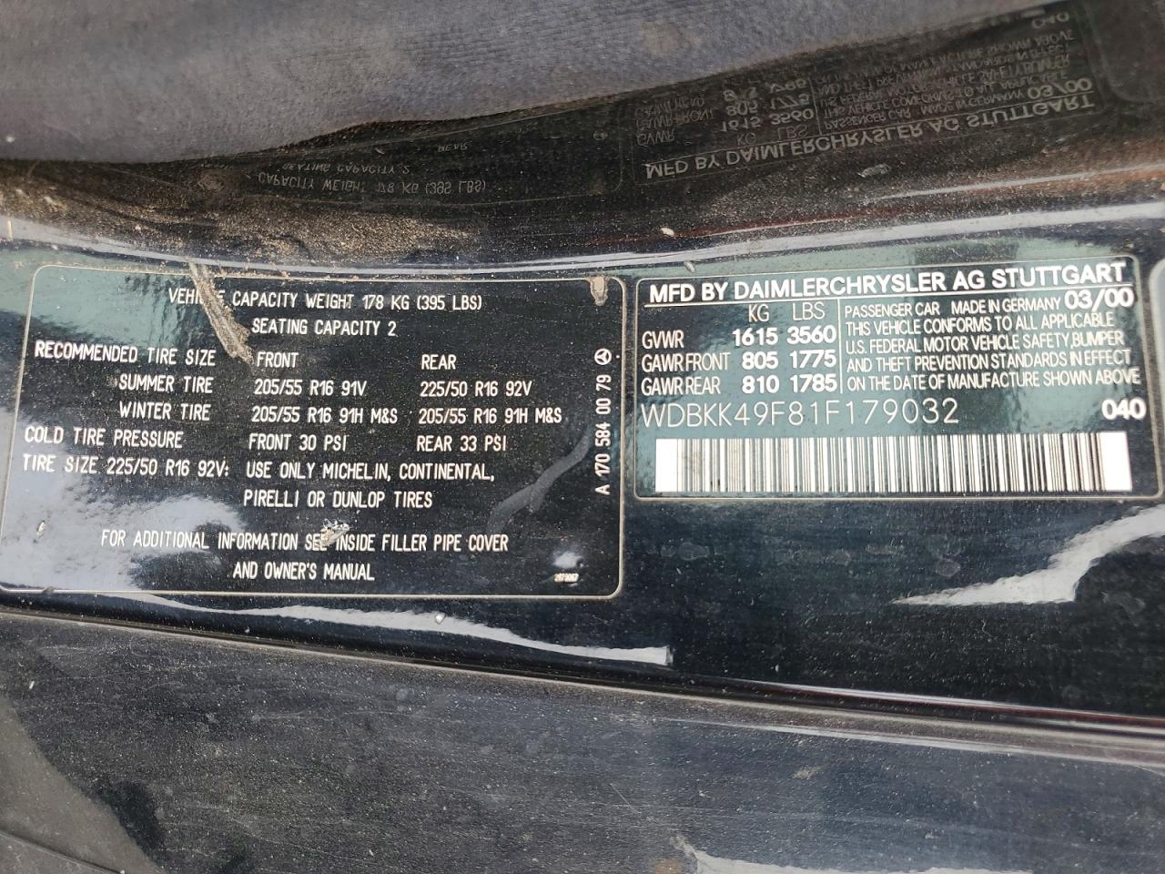 2001 Mercedes-benz Slk 230 Kompressor Black vin: WDBKK49F81F179032