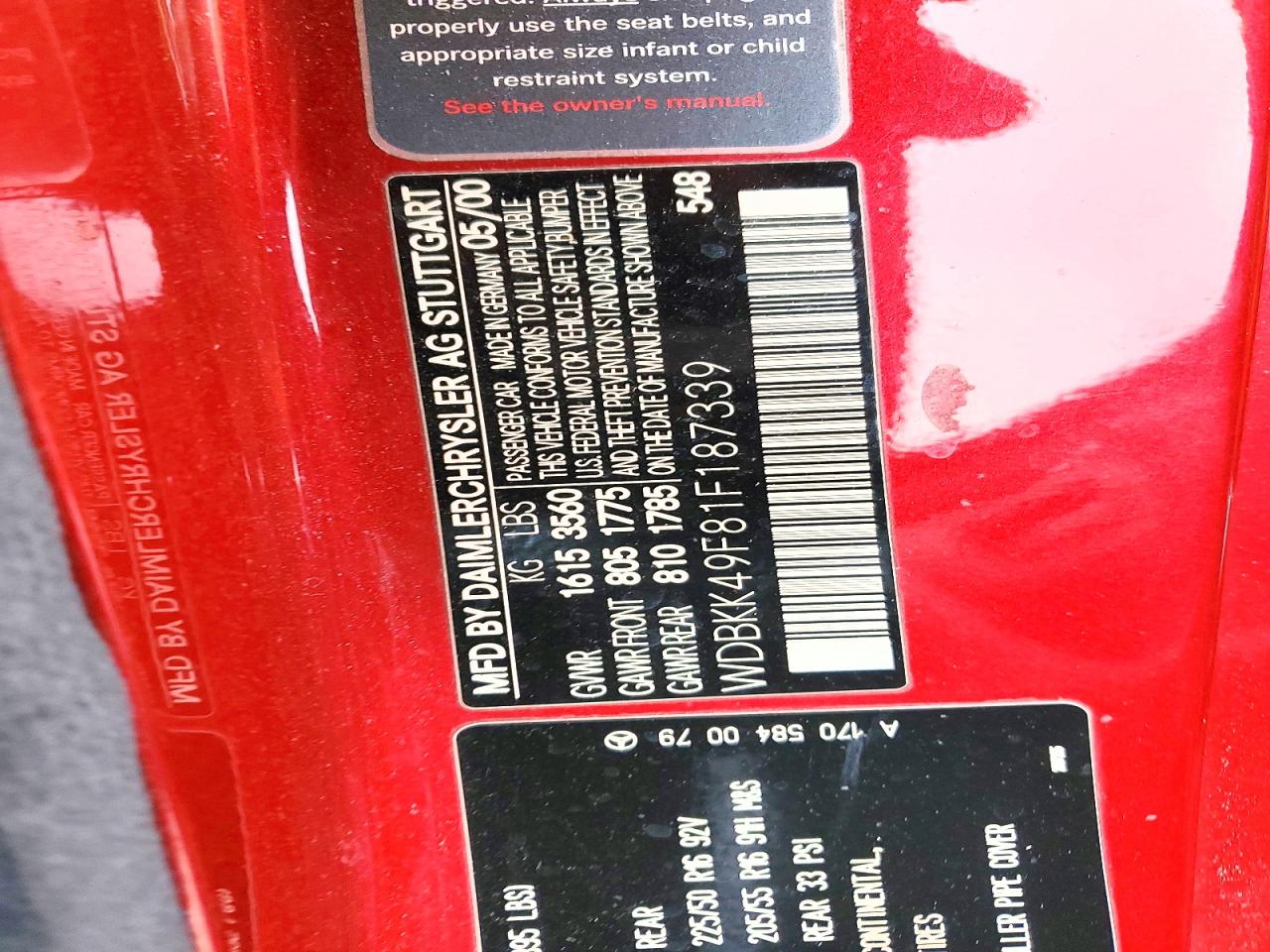 2001 Mercedes-benz Slk 230 Kompressor Red vin: WDBKK49F81F187339