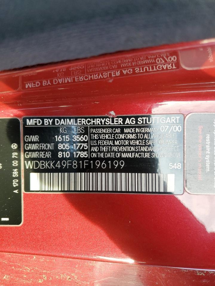 2001 Mercedes-benz Slk 230 Kompressor Burgundy vin: WDBKK49F81F196199