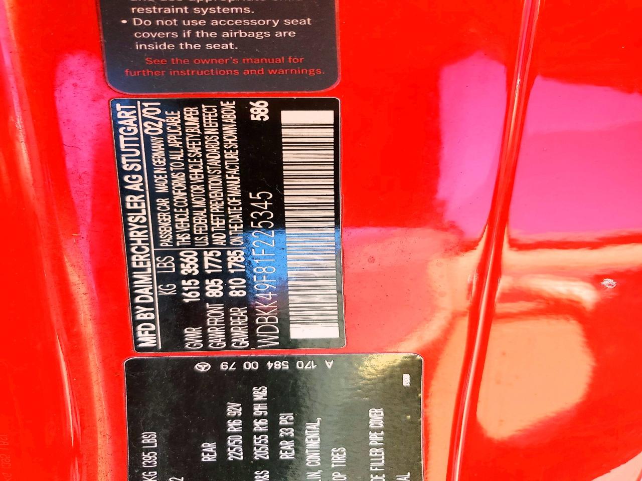 2001 Mercedes-benz Slk 230 Kompressor Red vin: WDBKK49F81F225345