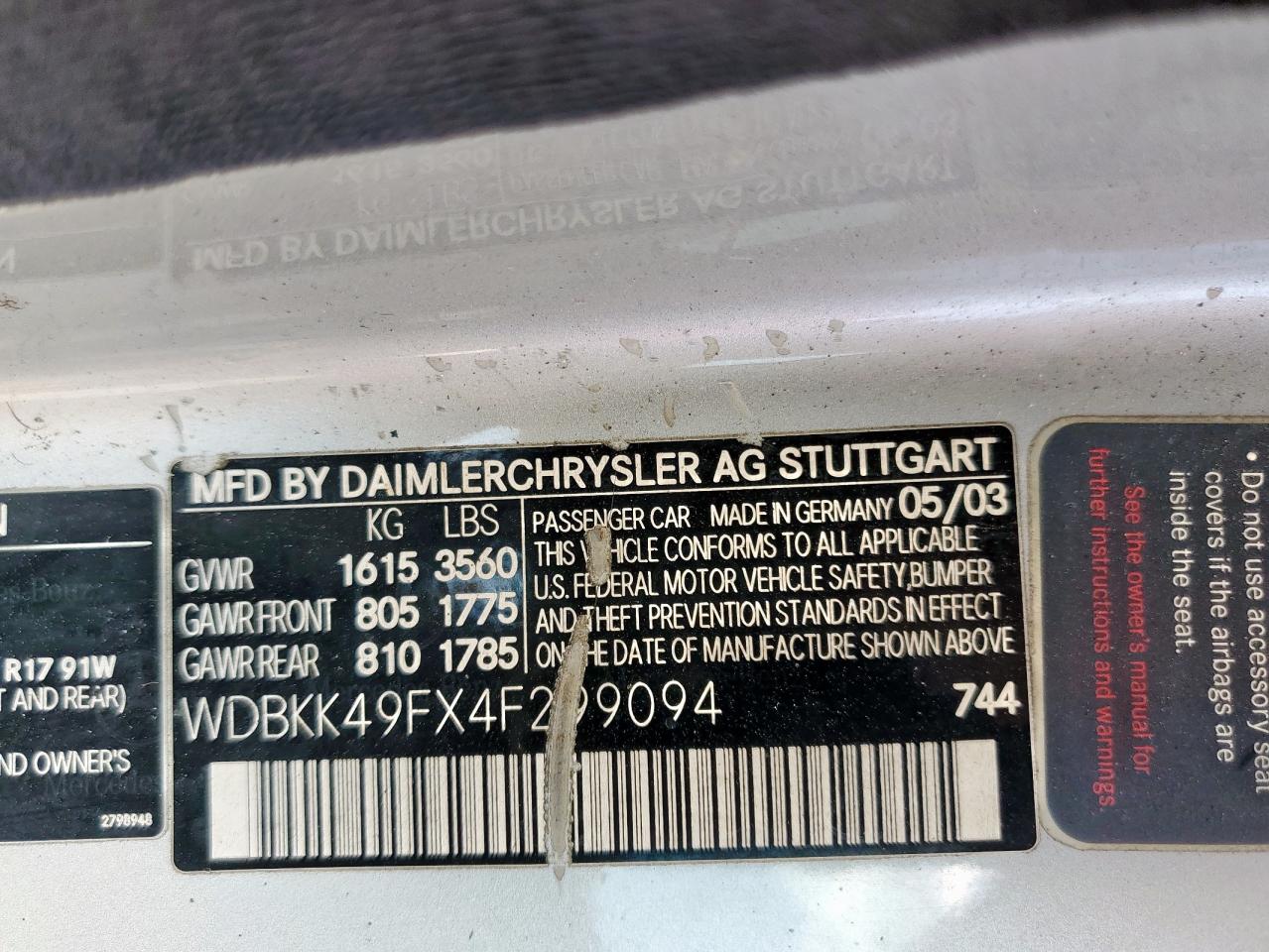 2004 Mercedes-benz Slk 230 Kompressor Silver vin: WDBKK49FX4F299094