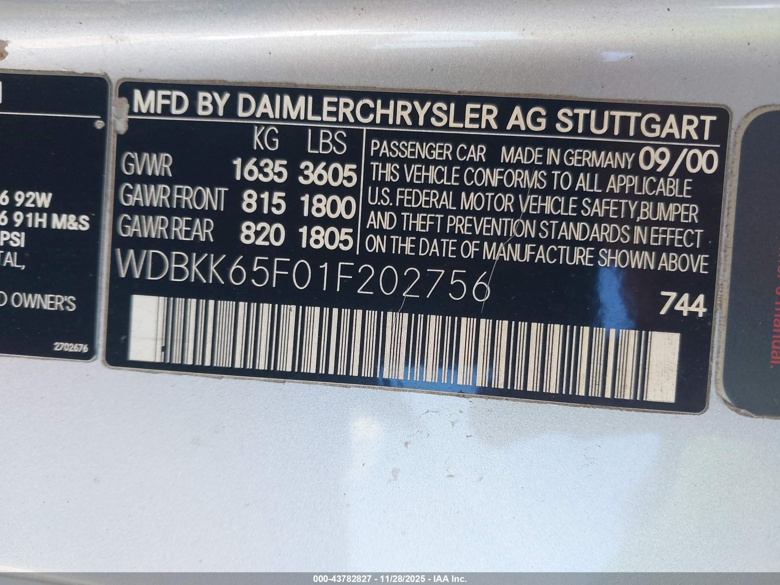 2001 Mercedes-benz Slk 320   Silver vin: WDBKK65F01F202756