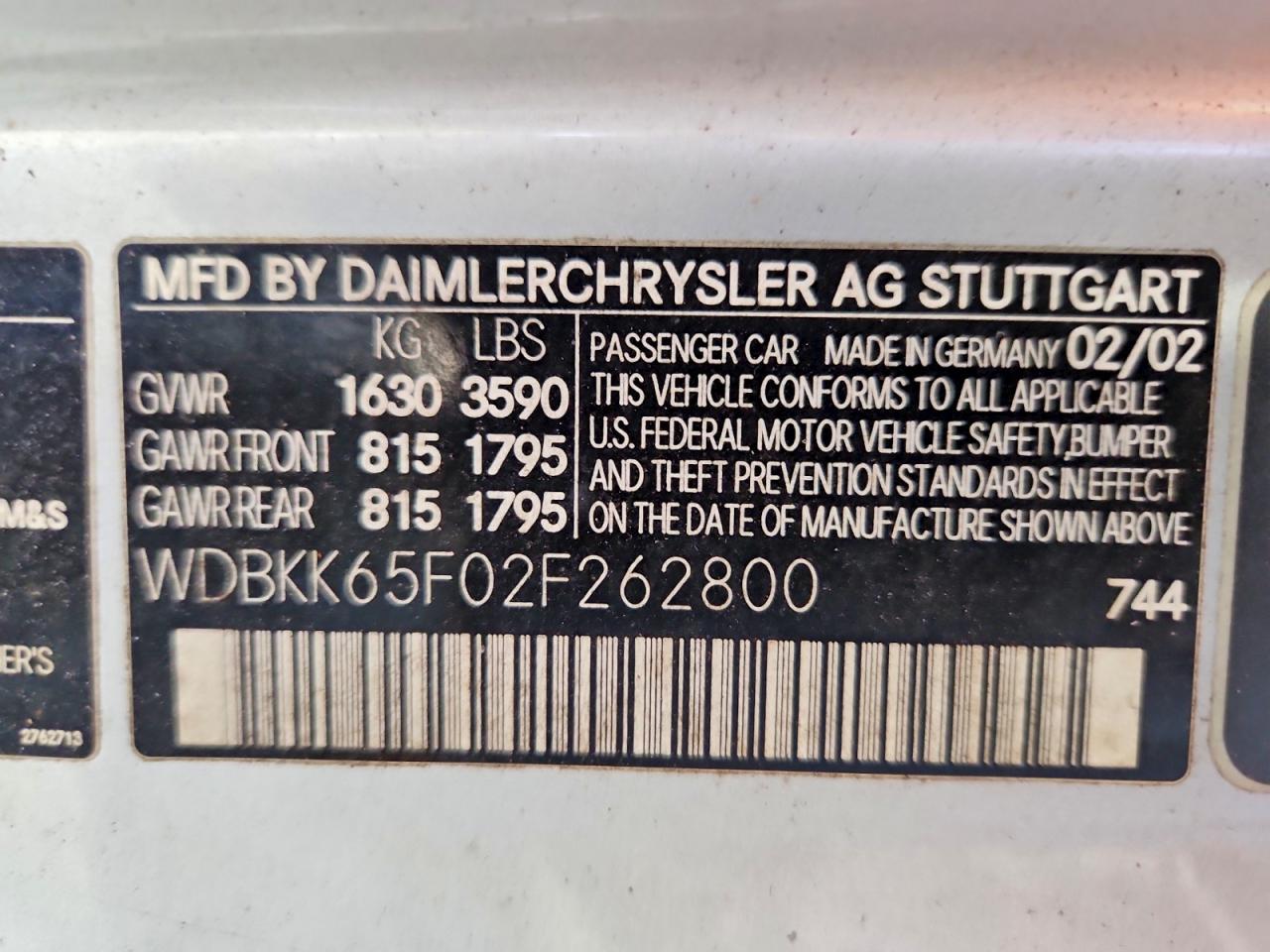 2002 Mercedes-benz Slk 320 Silver vin: WDBKK65F02F262800