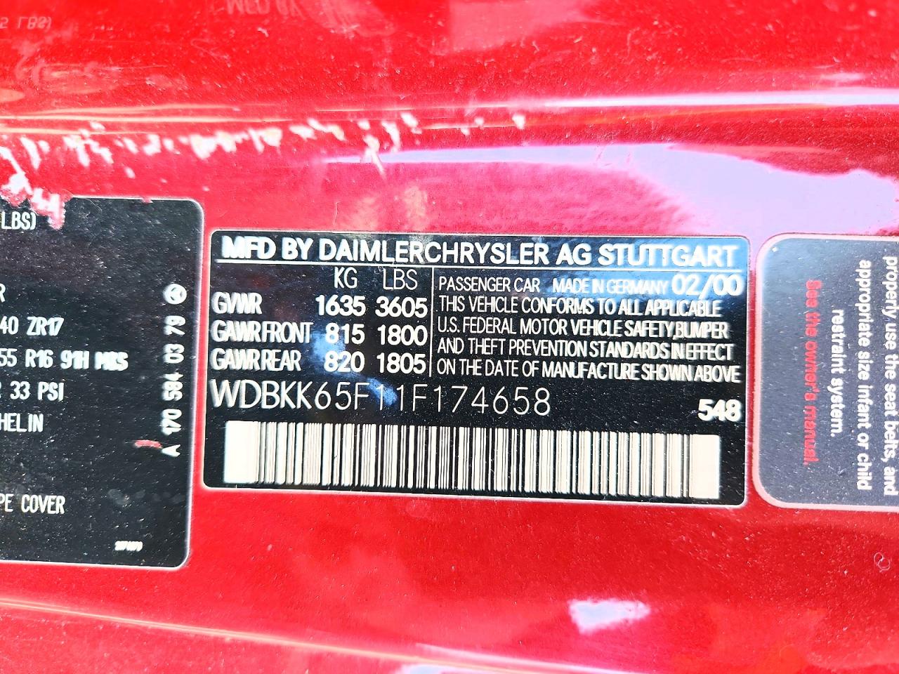 2001 Mercedes-benz Slk 320 Red vin: WDBKK65F11F174658