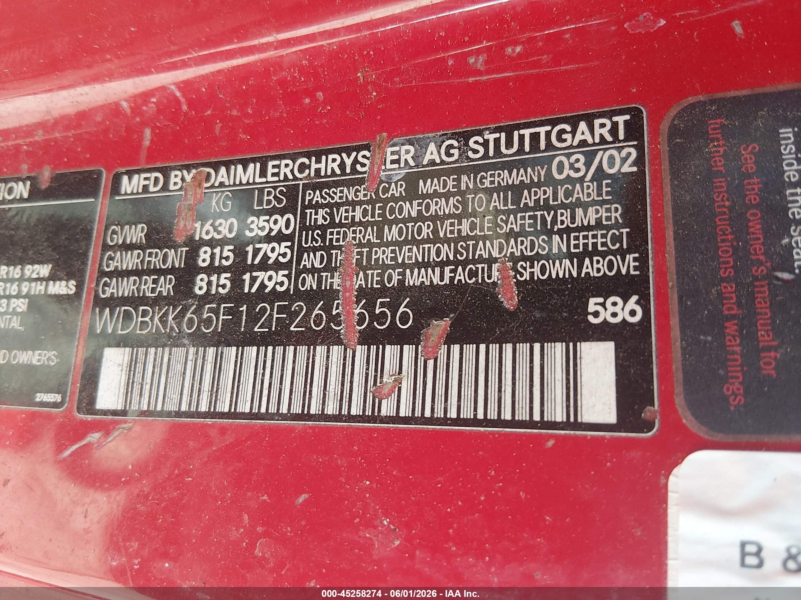 2002 Mercedes-benz Slk 320 Красный vin: WDBKK65F12F265656