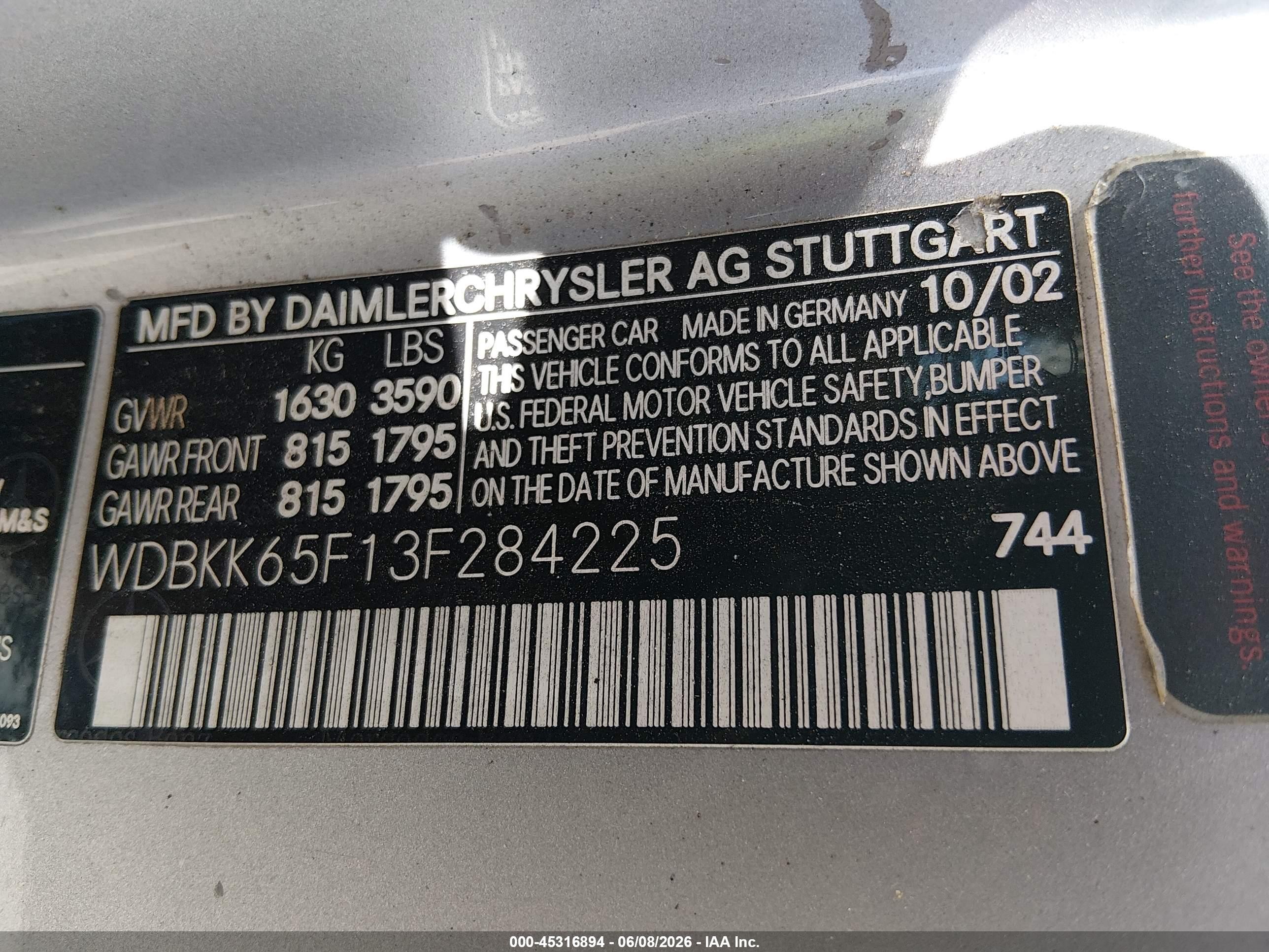2003 Mercedes-benz Slk 320   Silver vin: WDBKK65F13F284225