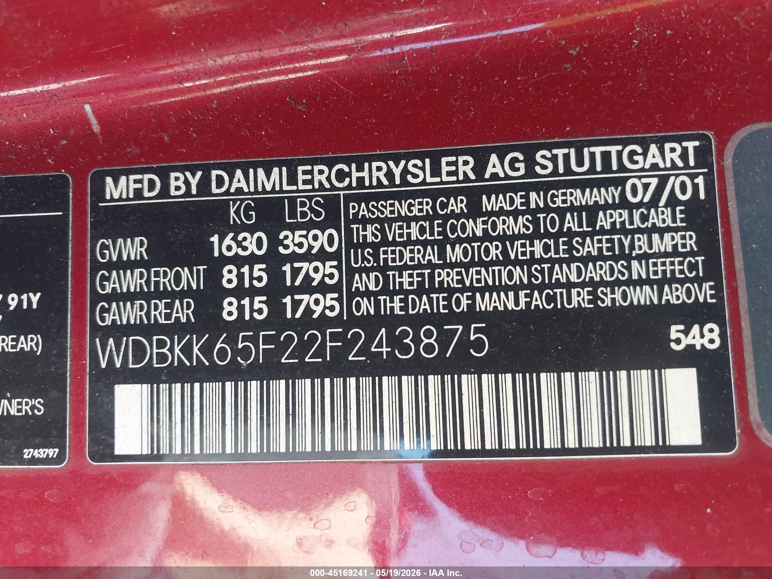 2002 Mercedes-benz Slk 320   Бордовый vin: WDBKK65F22F243875