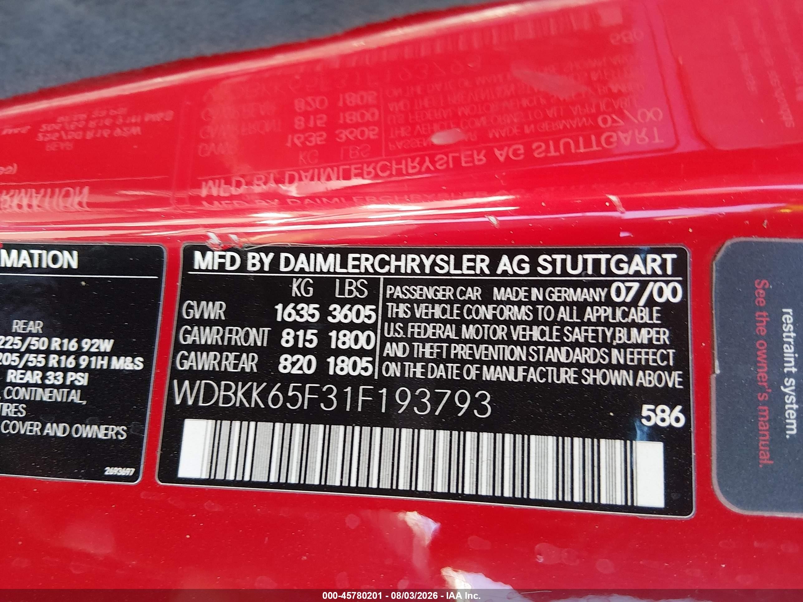 2001 Mercedes-benz Slk 320   Red vin: WDBKK65F31F193793
