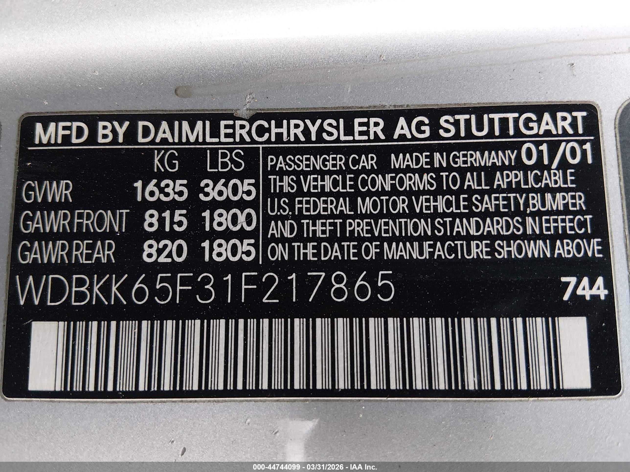 2001 Mercedes-benz Slk 320 Silver vin: WDBKK65F31F217865