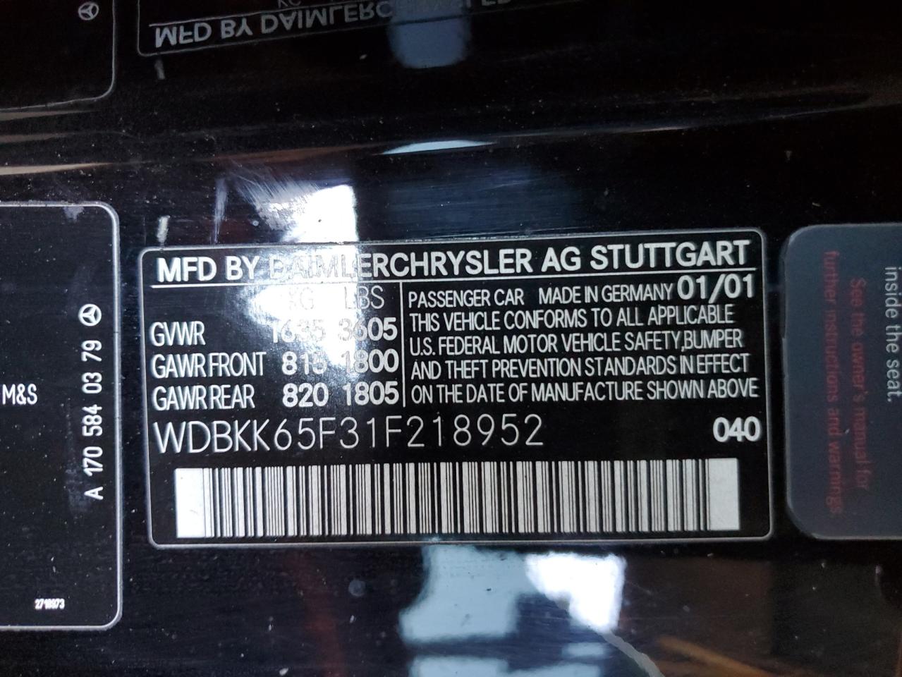 2001 Mercedes-benz Slk 320 Black vin: WDBKK65F31F218952