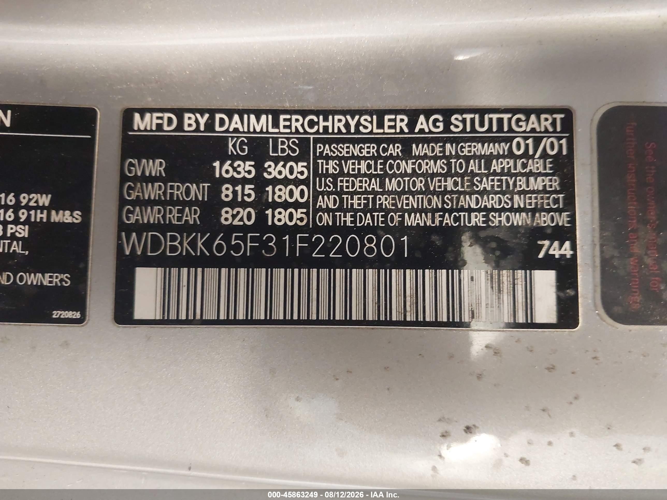 2001 Mercedes-benz Slk 320 Silver vin: WDBKK65F31F220801