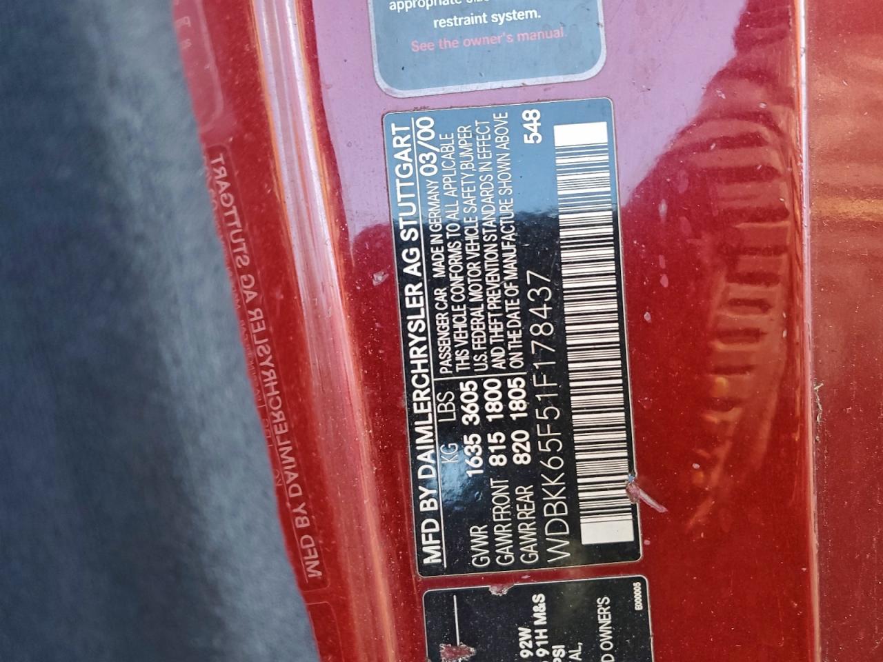 2001 Mercedes-benz Slk 320 Burgundy vin: WDBKK65F51F178437