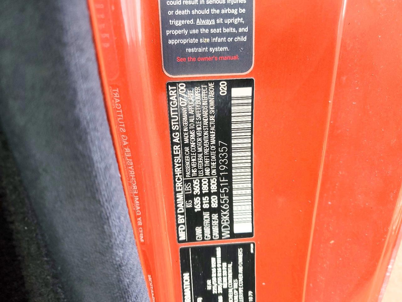 2001 Mercedes-benz Slk 320 Orange vin: WDBKK65F51F193357