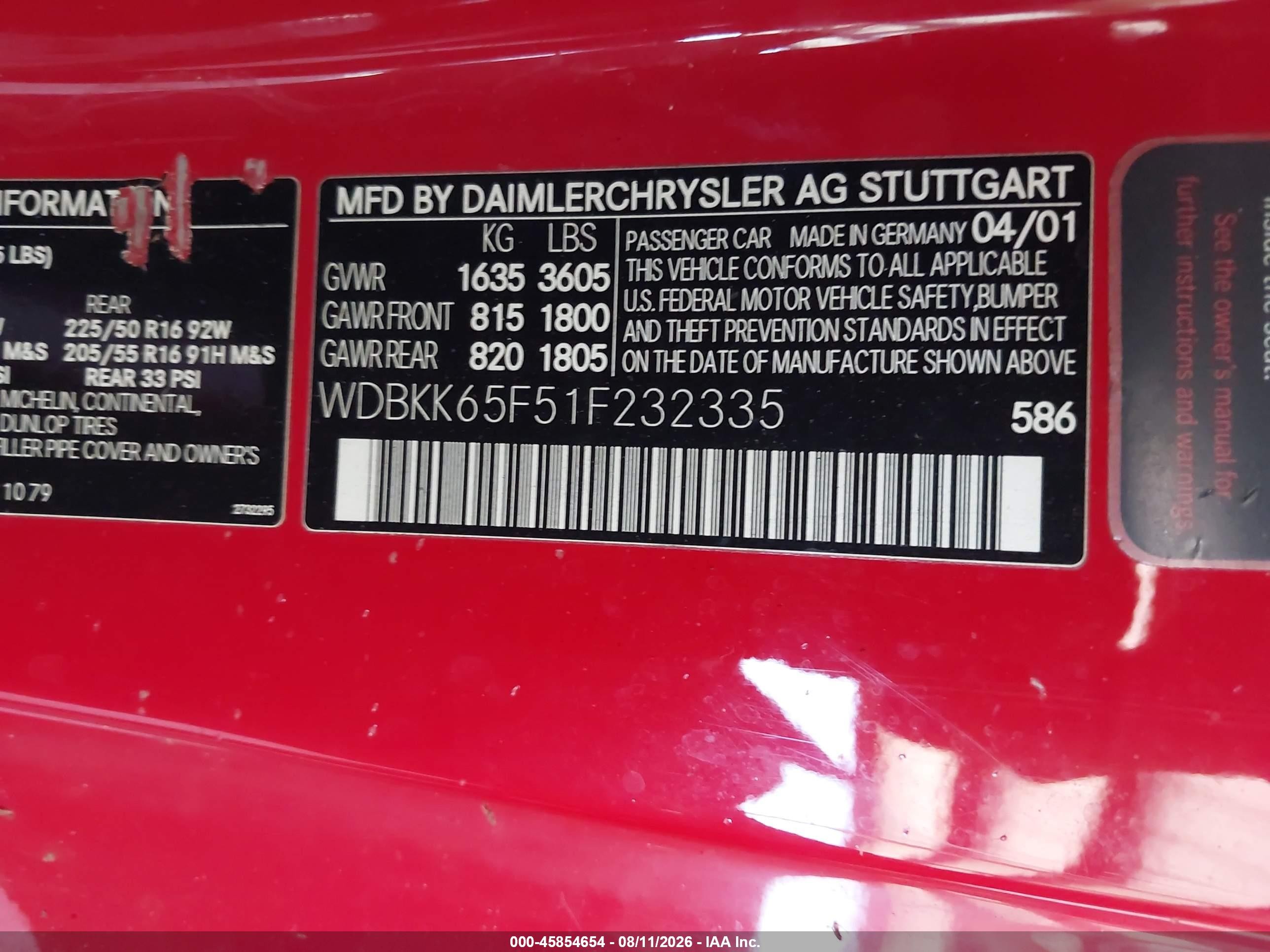 2001 Mercedes-benz Slk 320   Red vin: WDBKK65F51F232335