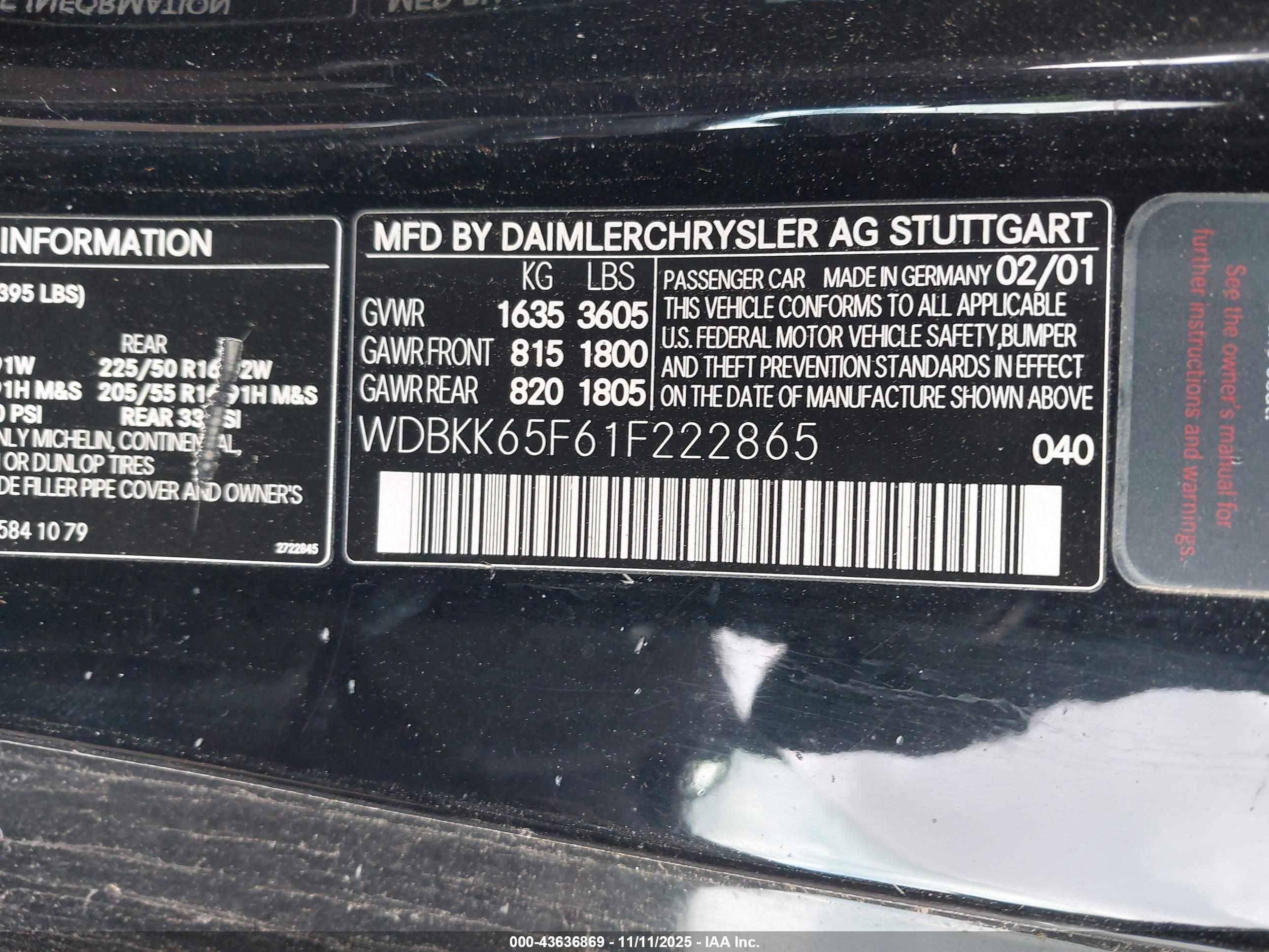 2001 Mercedes-benz Slk 320   Black vin: WDBKK65F61F222865