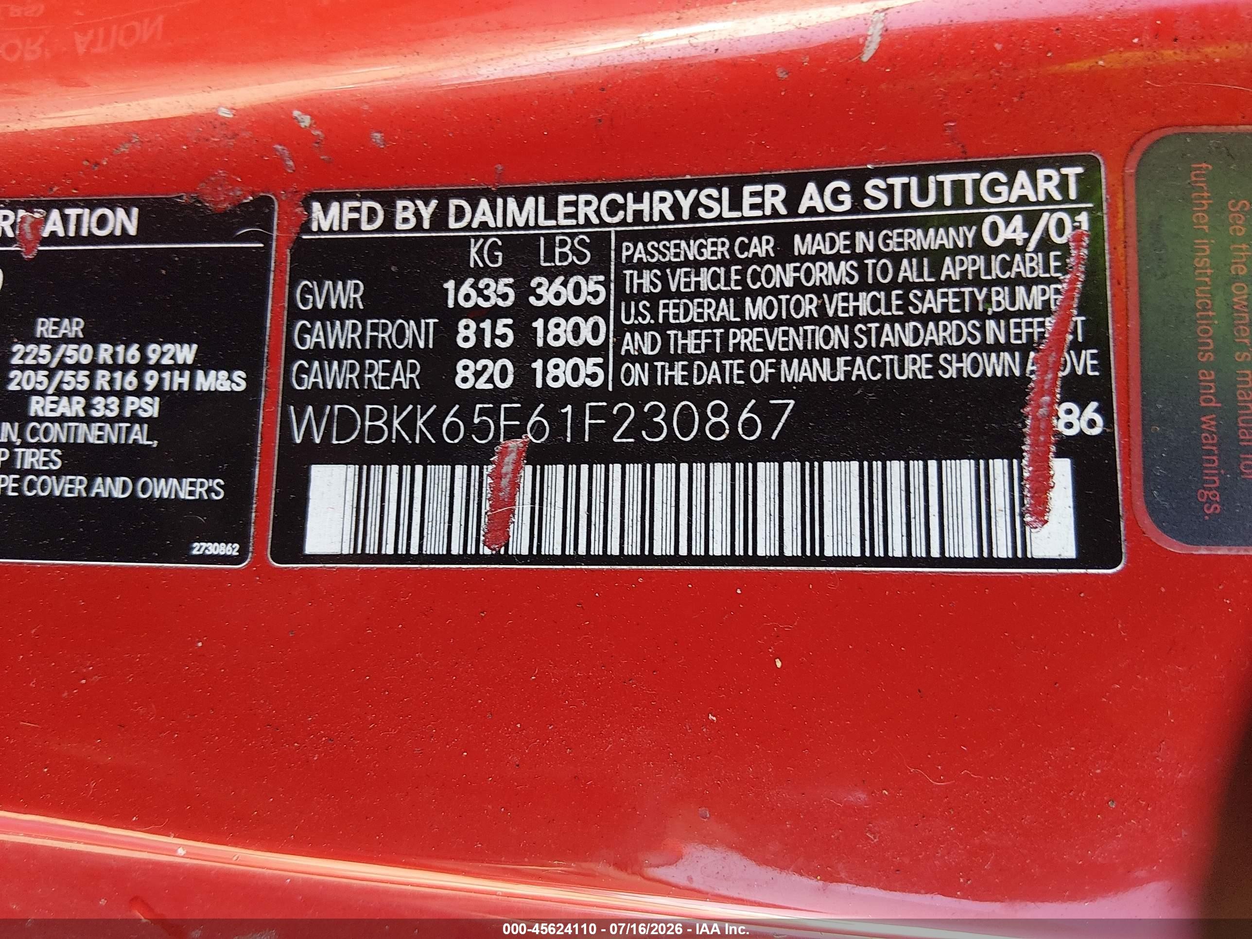 2001 Mercedes-benz Slk 320   Red vin: WDBKK65F61F230867