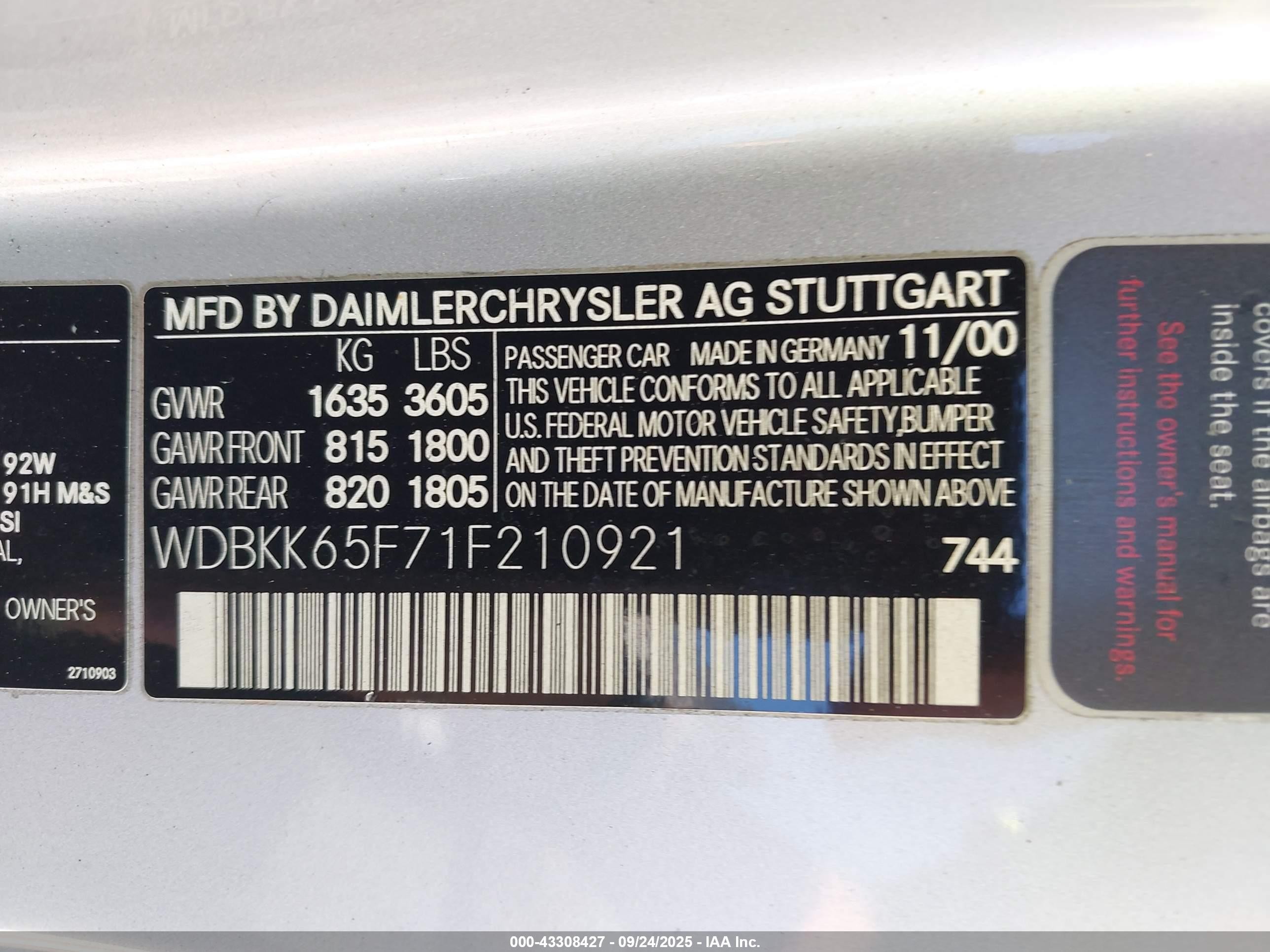 2001 Mercedes-benz Slk 320   Silver vin: WDBKK65F71F210921