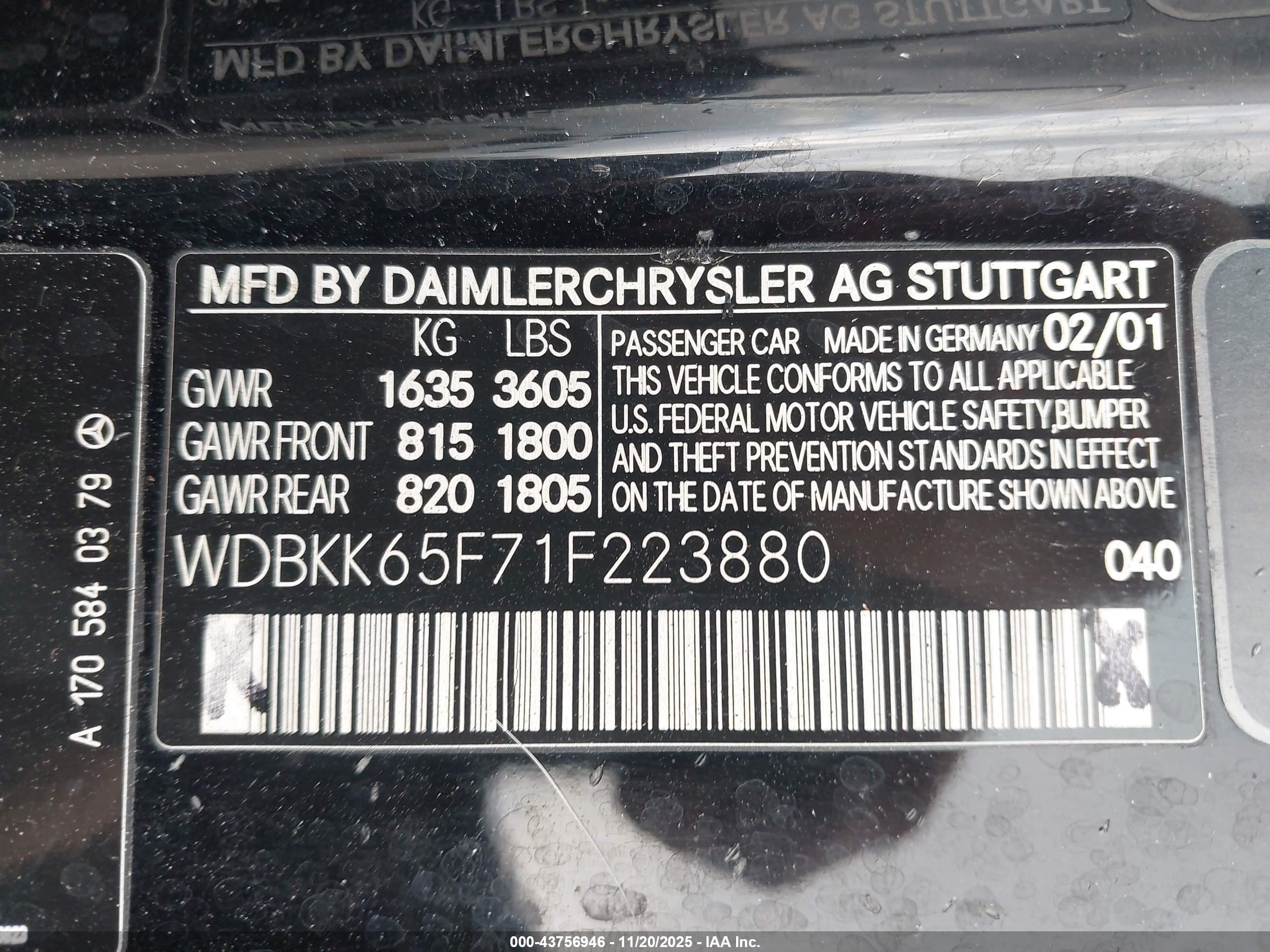 2001 Mercedes-benz Slk 320   Black vin: WDBKK65F71F223880