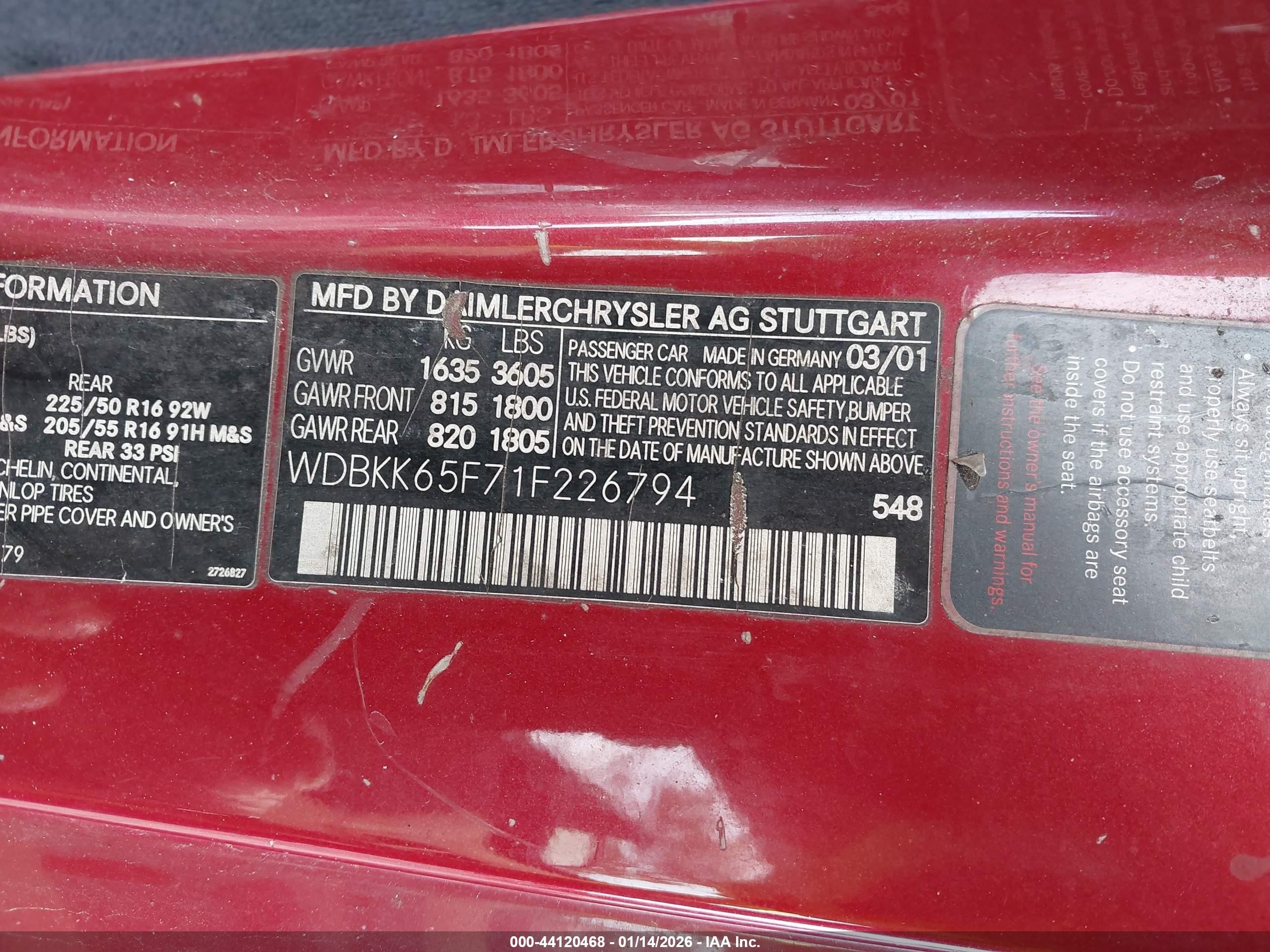 2001 Mercedes-benz Slk 320   Red vin: WDBKK65F71F226794