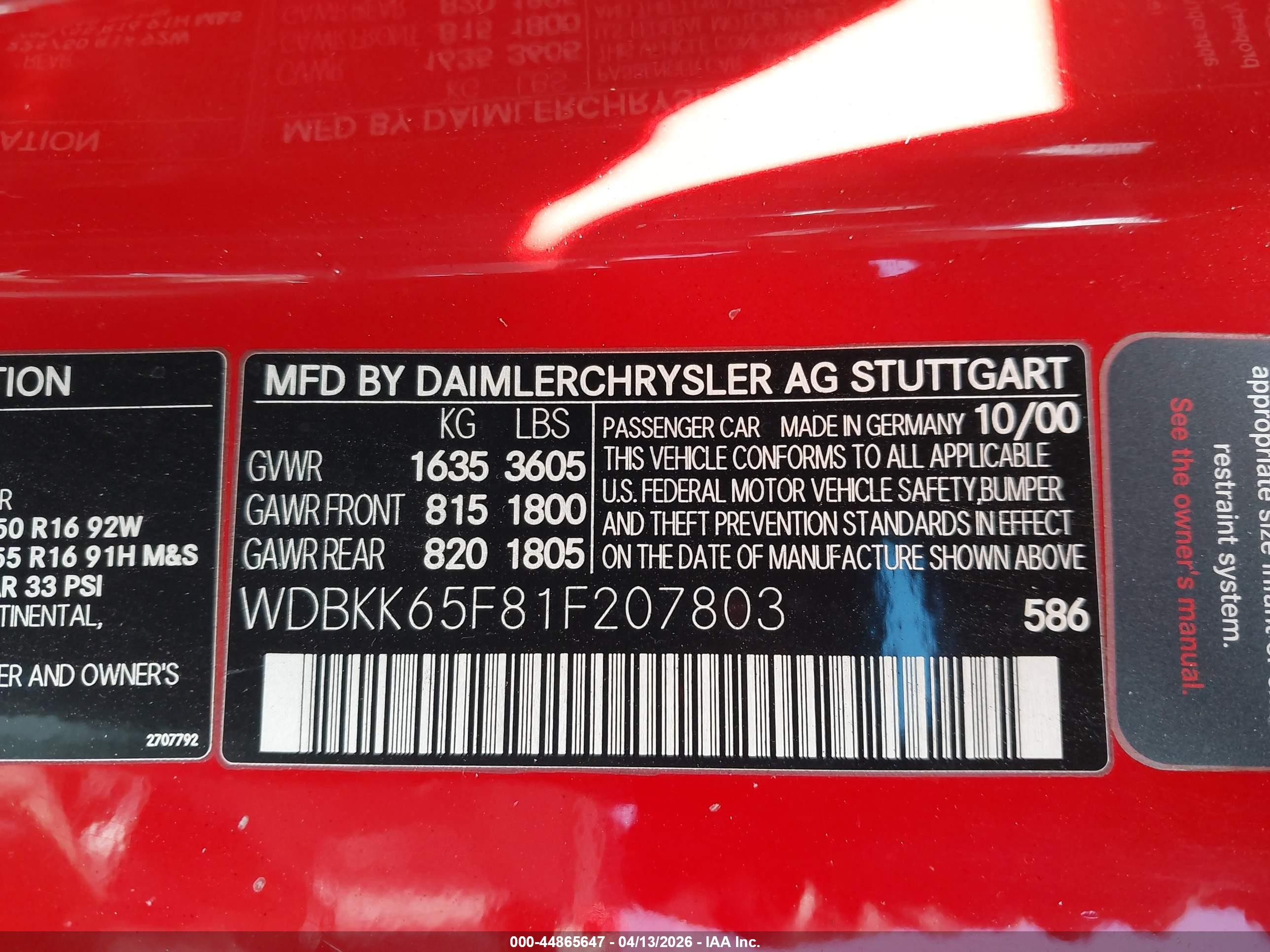 2001 Mercedes-benz Slk 320   Red vin: WDBKK65F81F207803