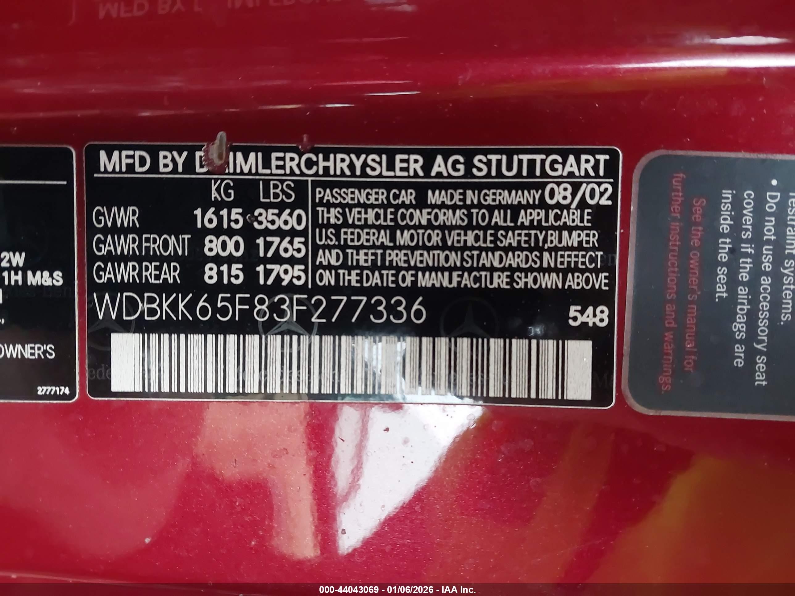 2003 Mercedes-benz Slk 320   Red vin: WDBKK65F83F277336