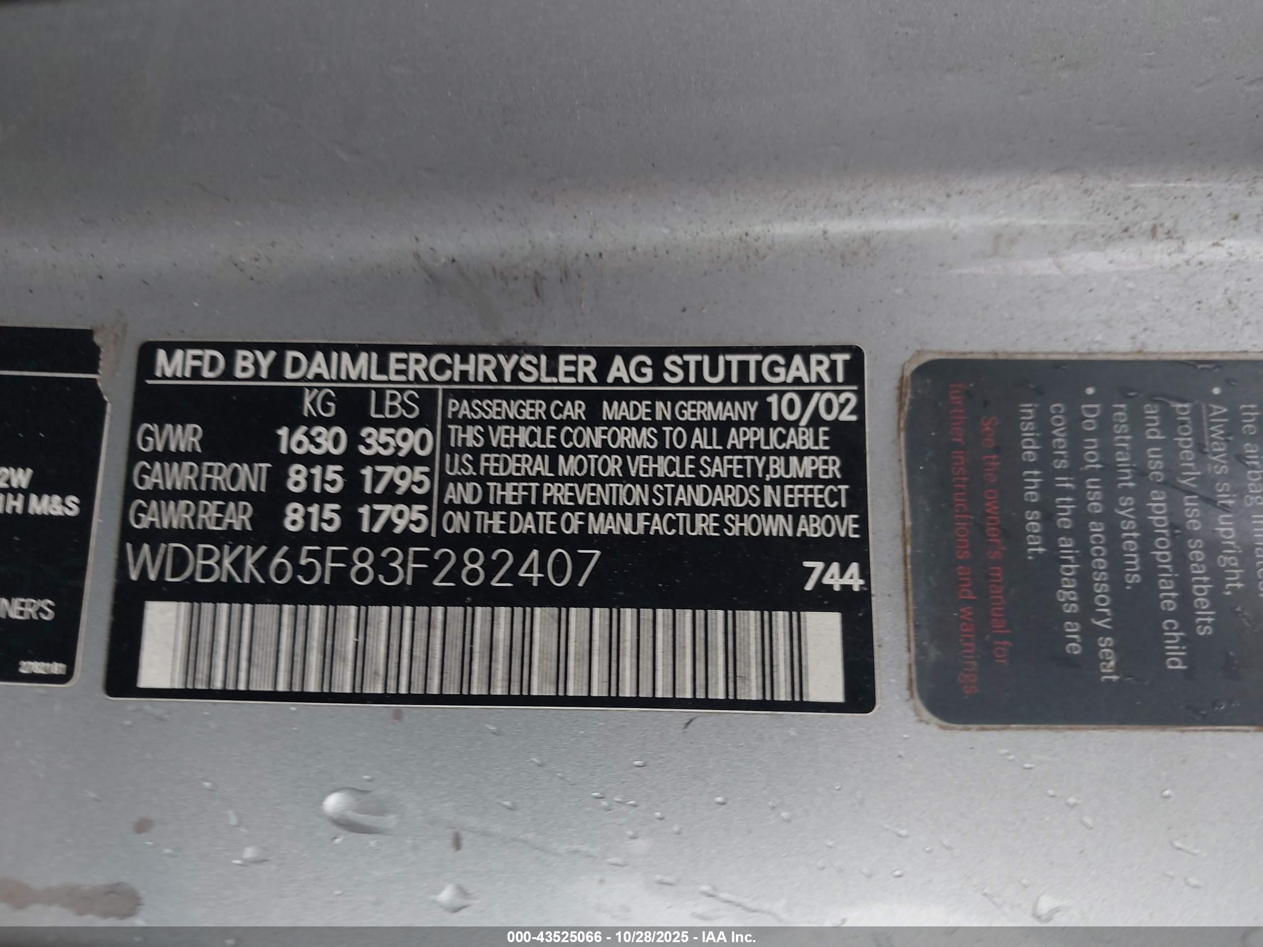 2003 Mercedes-benz Slk 320   Silver vin: WDBKK65F83F282407