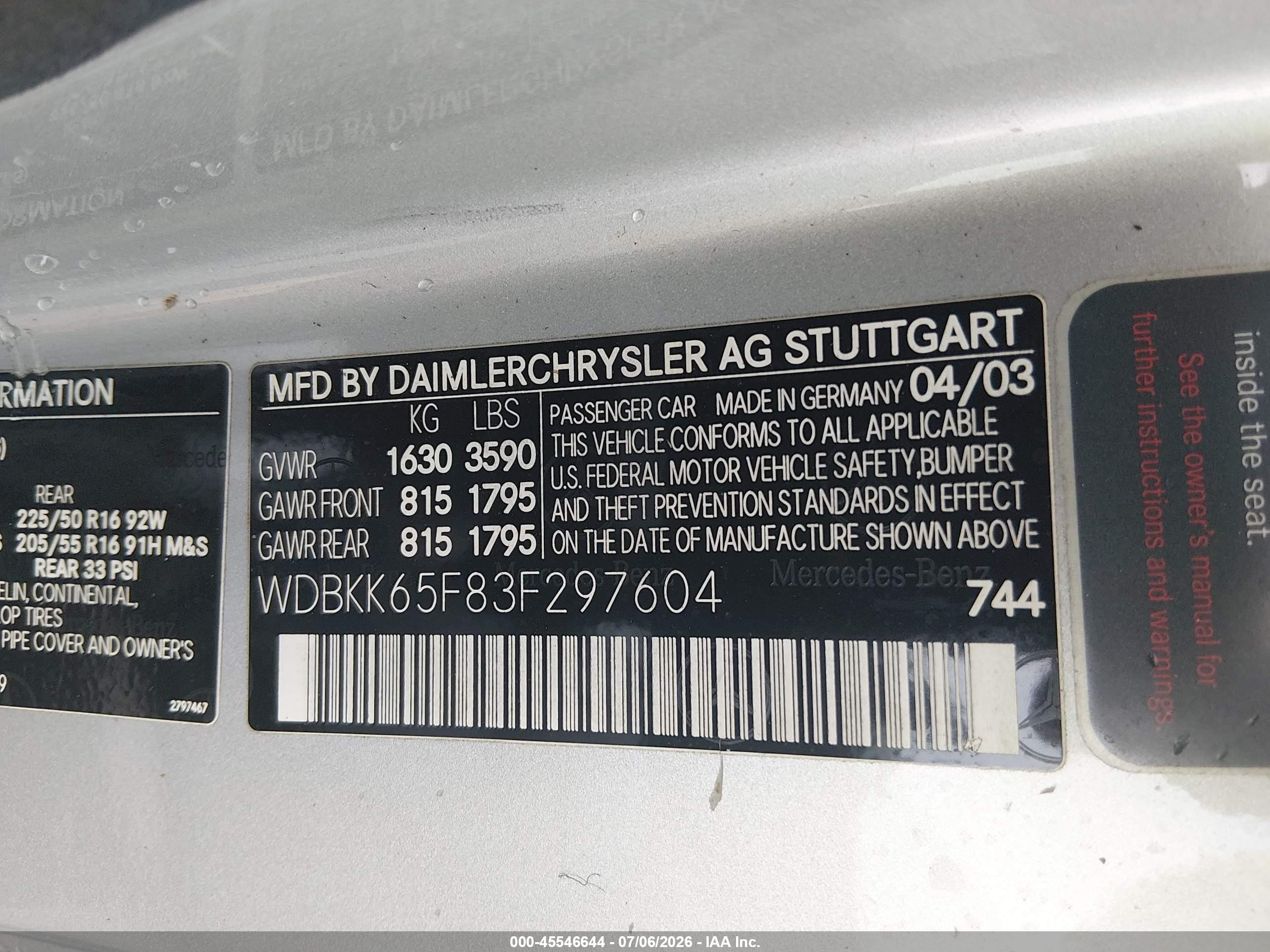 2003 Mercedes-benz Slk 320   Silver vin: WDBKK65F83F297604