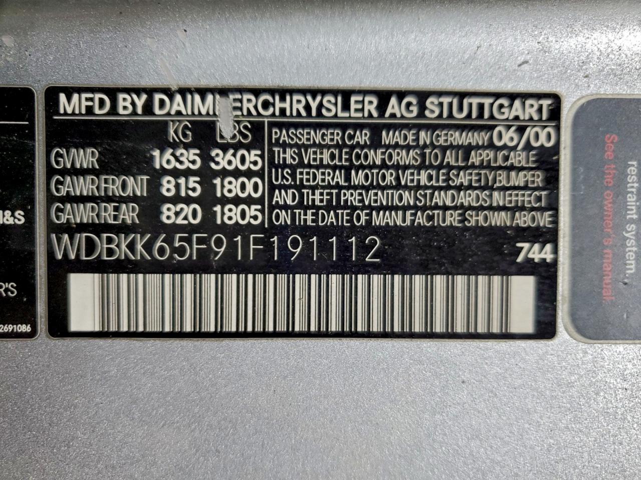 2001 Mercedes-benz Slk 320 Silver vin: WDBKK65F91F191112