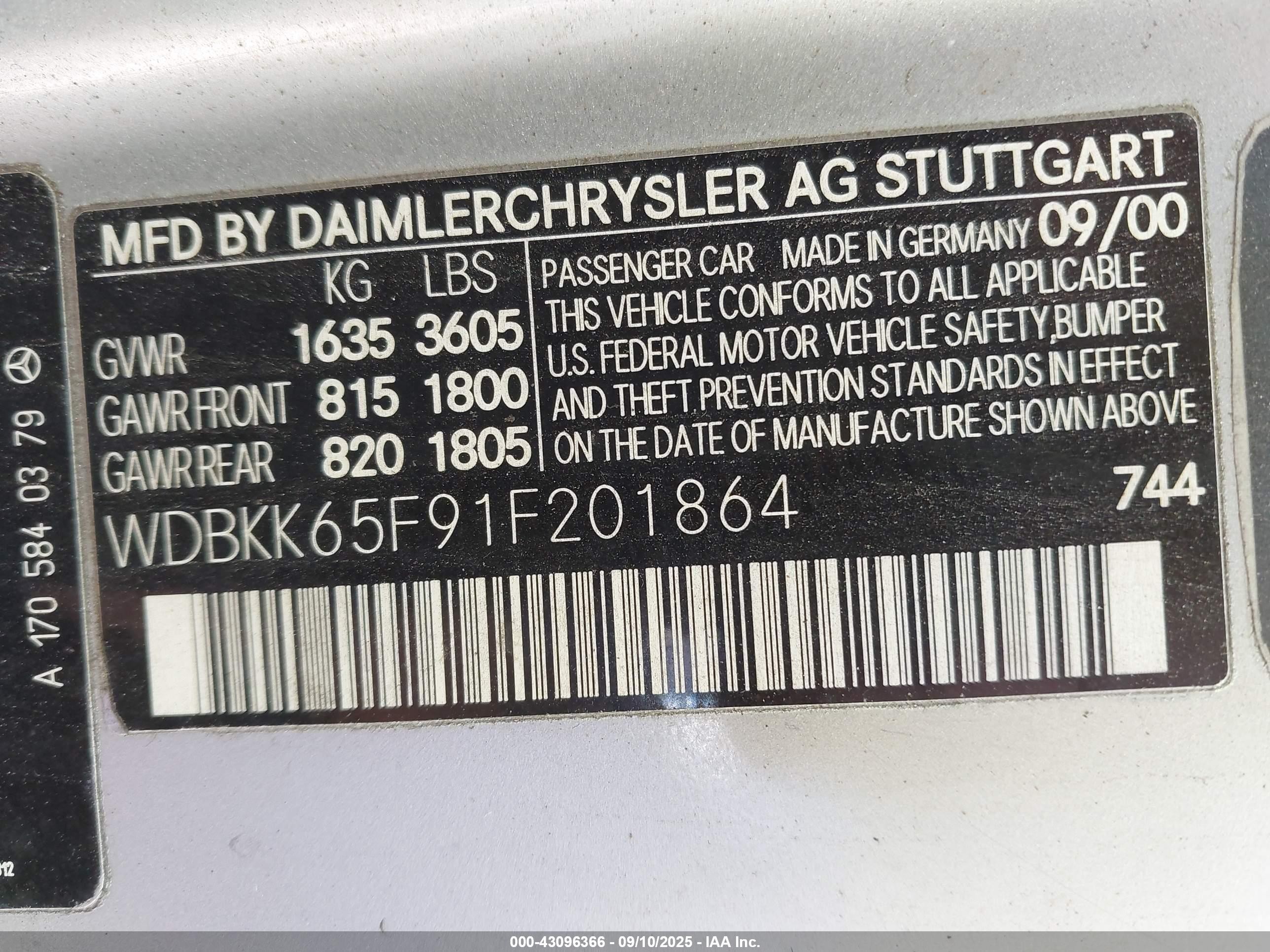 2001 Mercedes-benz Slk 320 Silver vin: WDBKK65F91F201864