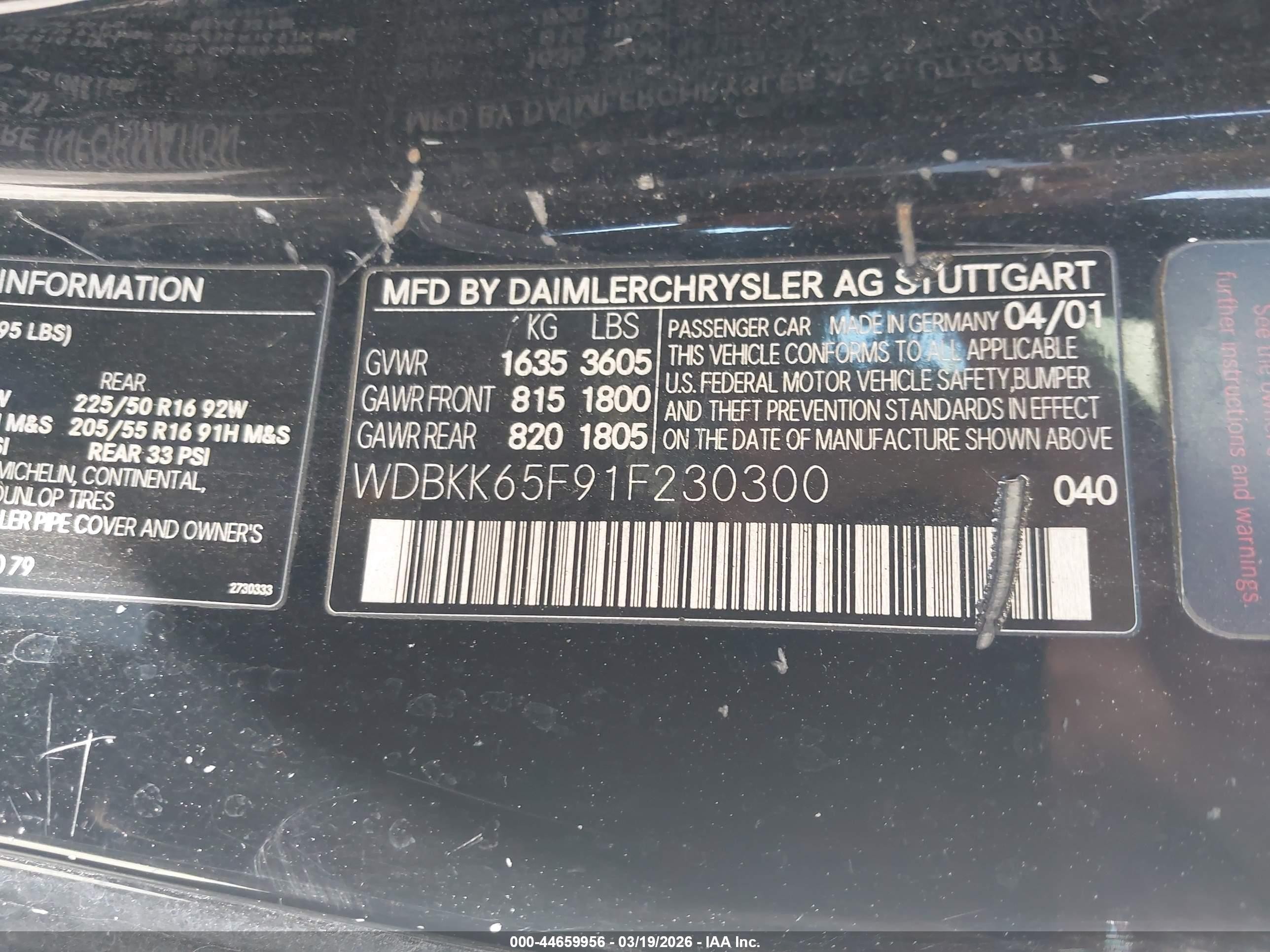 2001 Mercedes-benz Slk 320   Black vin: WDBKK65F91F230300