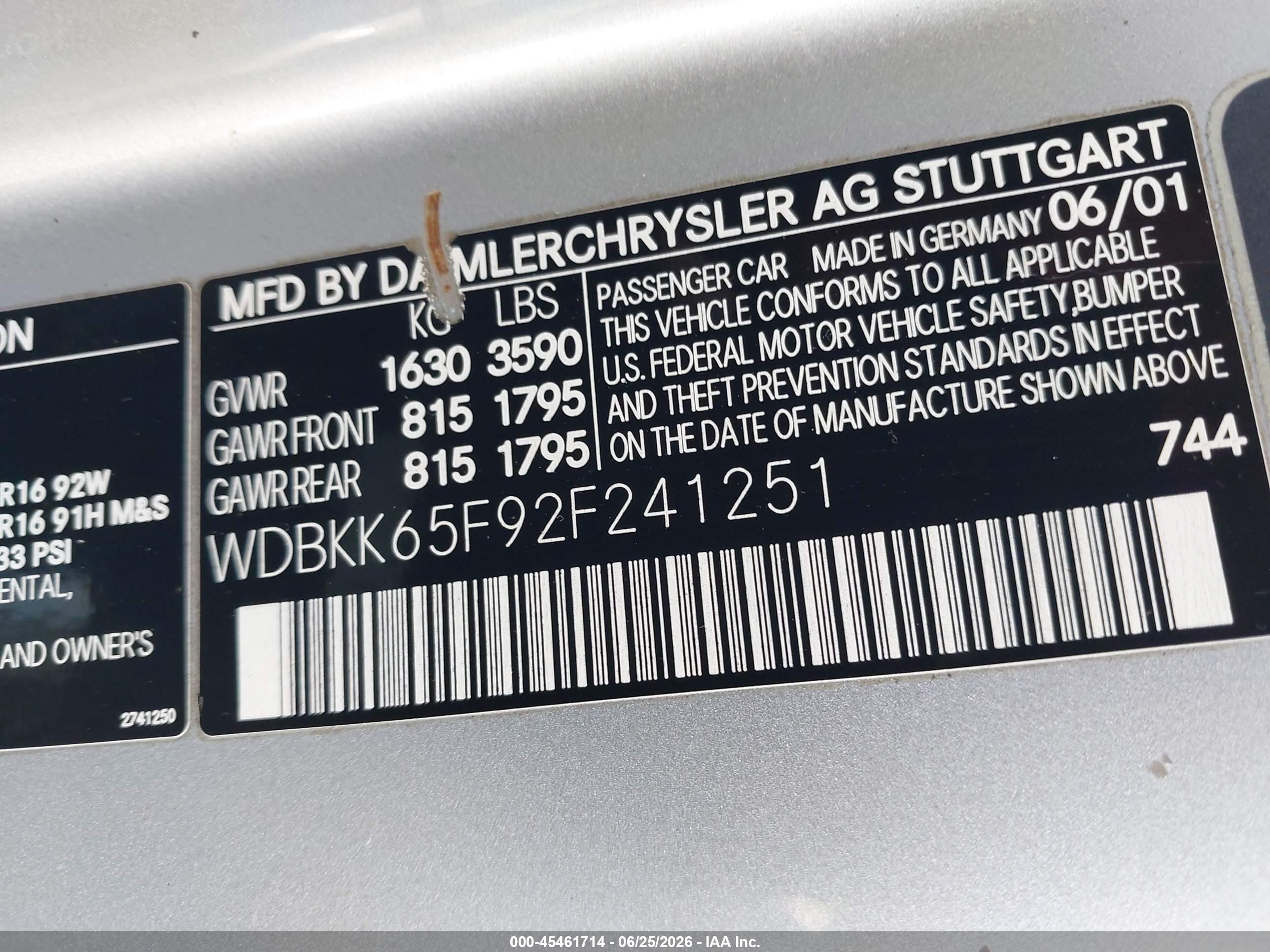 2002 Mercedes-benz Slk 320   Silver vin: WDBKK65F92F241251
