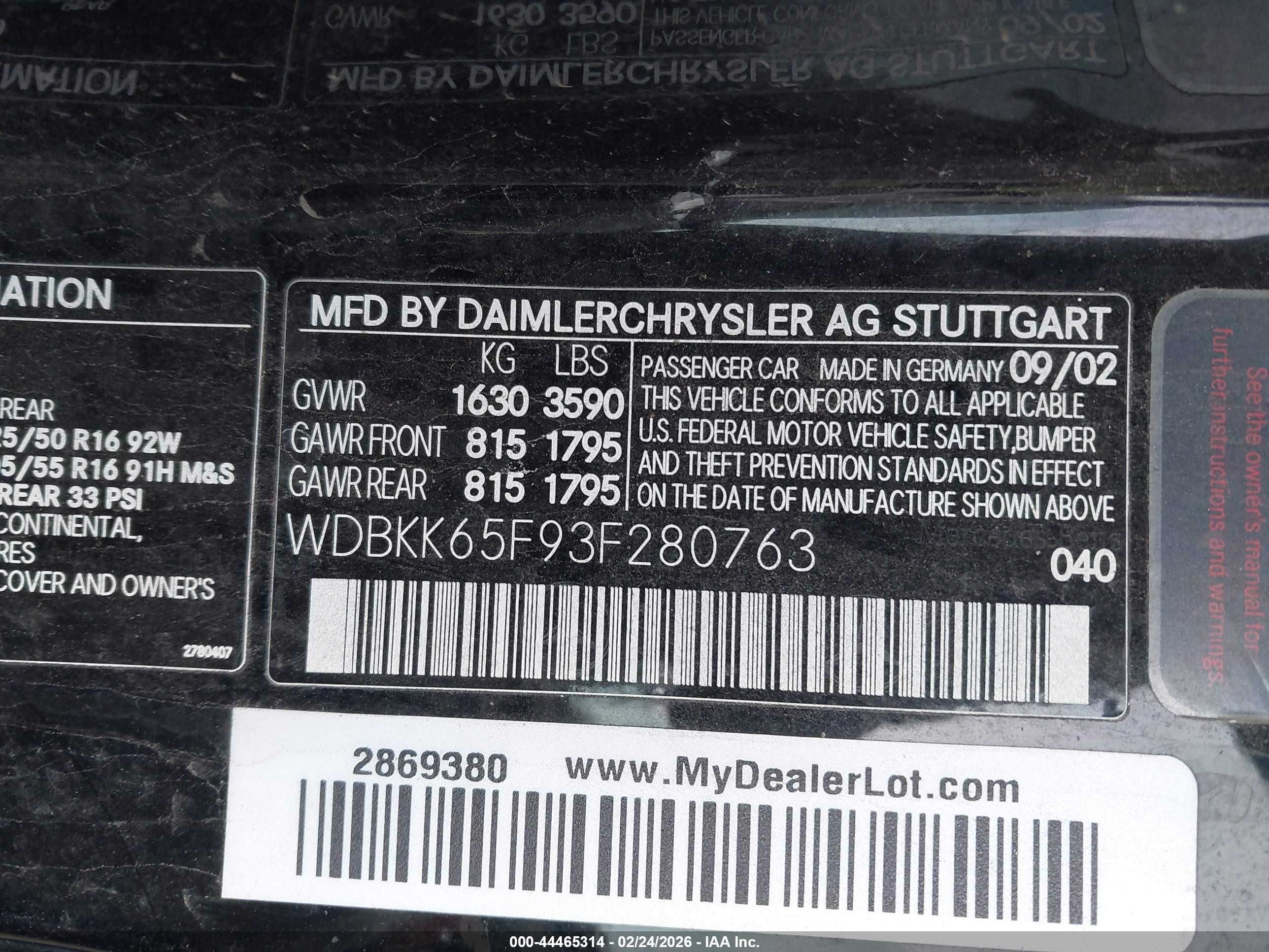 2003 Mercedes-benz Slk 320   Black vin: WDBKK65F93F280763