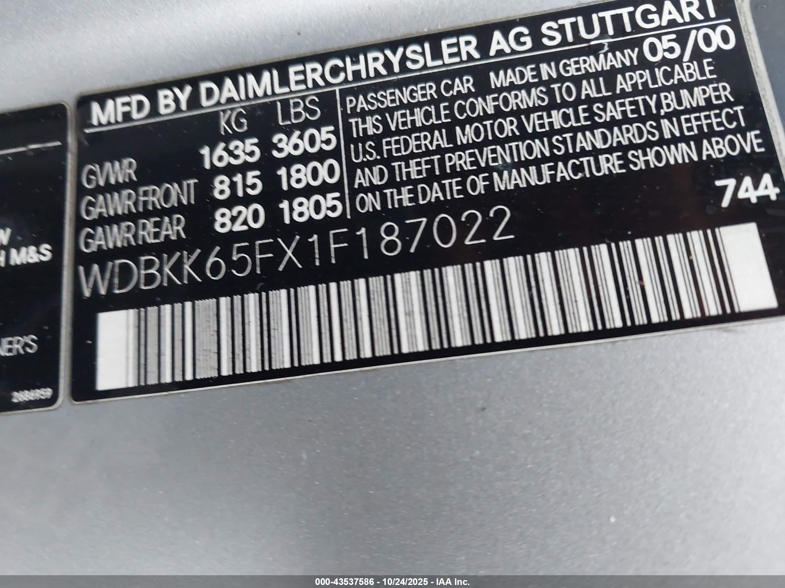 2001 Mercedes-benz Slk 320   Silver vin: WDBKK65FX1F187022