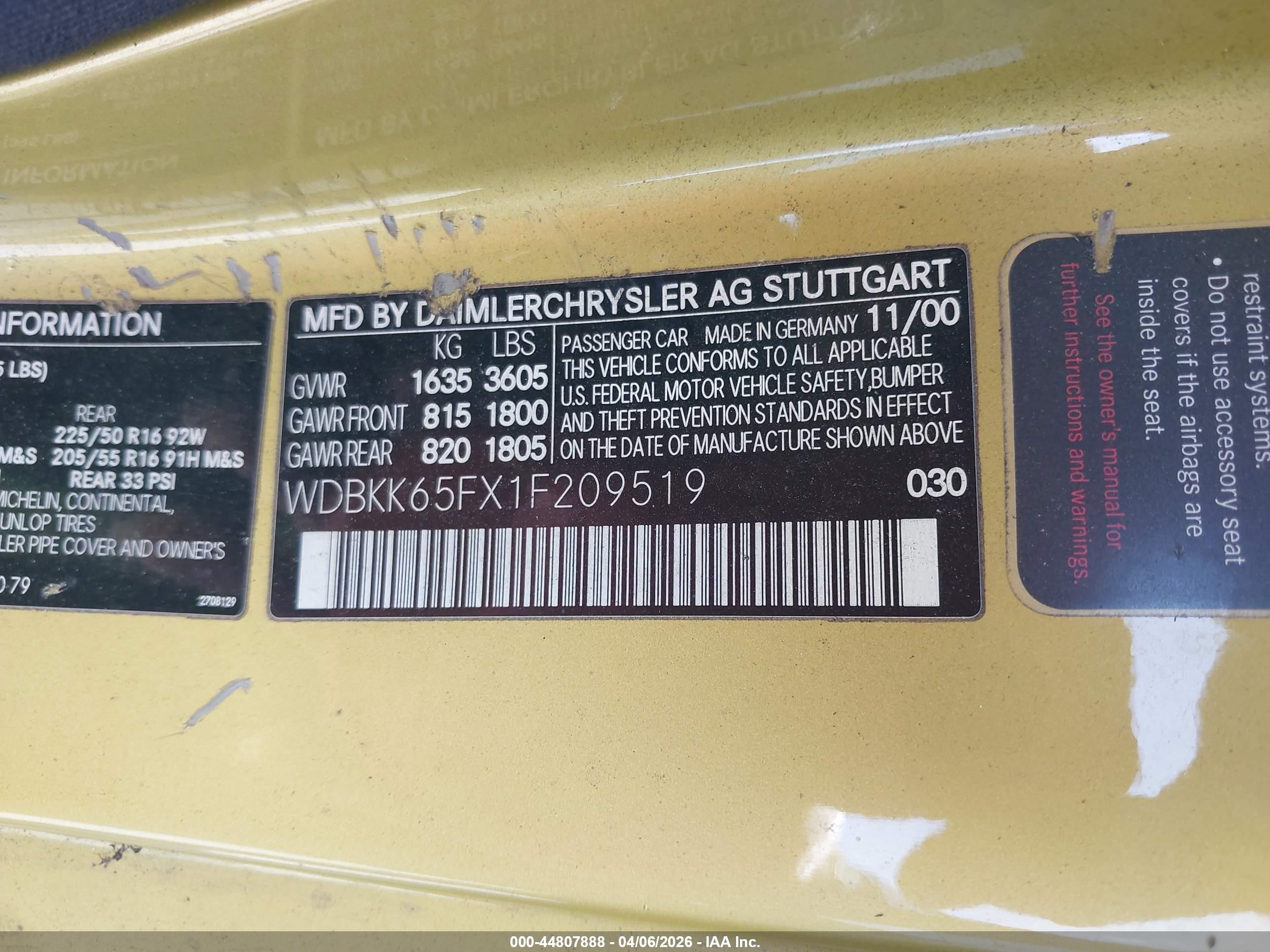 2001 Mercedes-benz Slk 320   Yellow vin: WDBKK65FX1F209519
