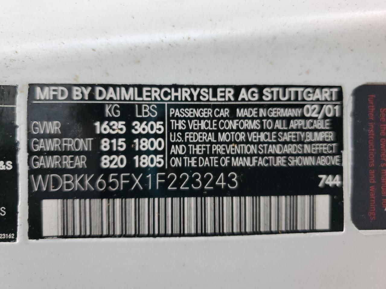 2001 Mercedes-benz Slk 320 White vin: WDBKK65FX1F223243