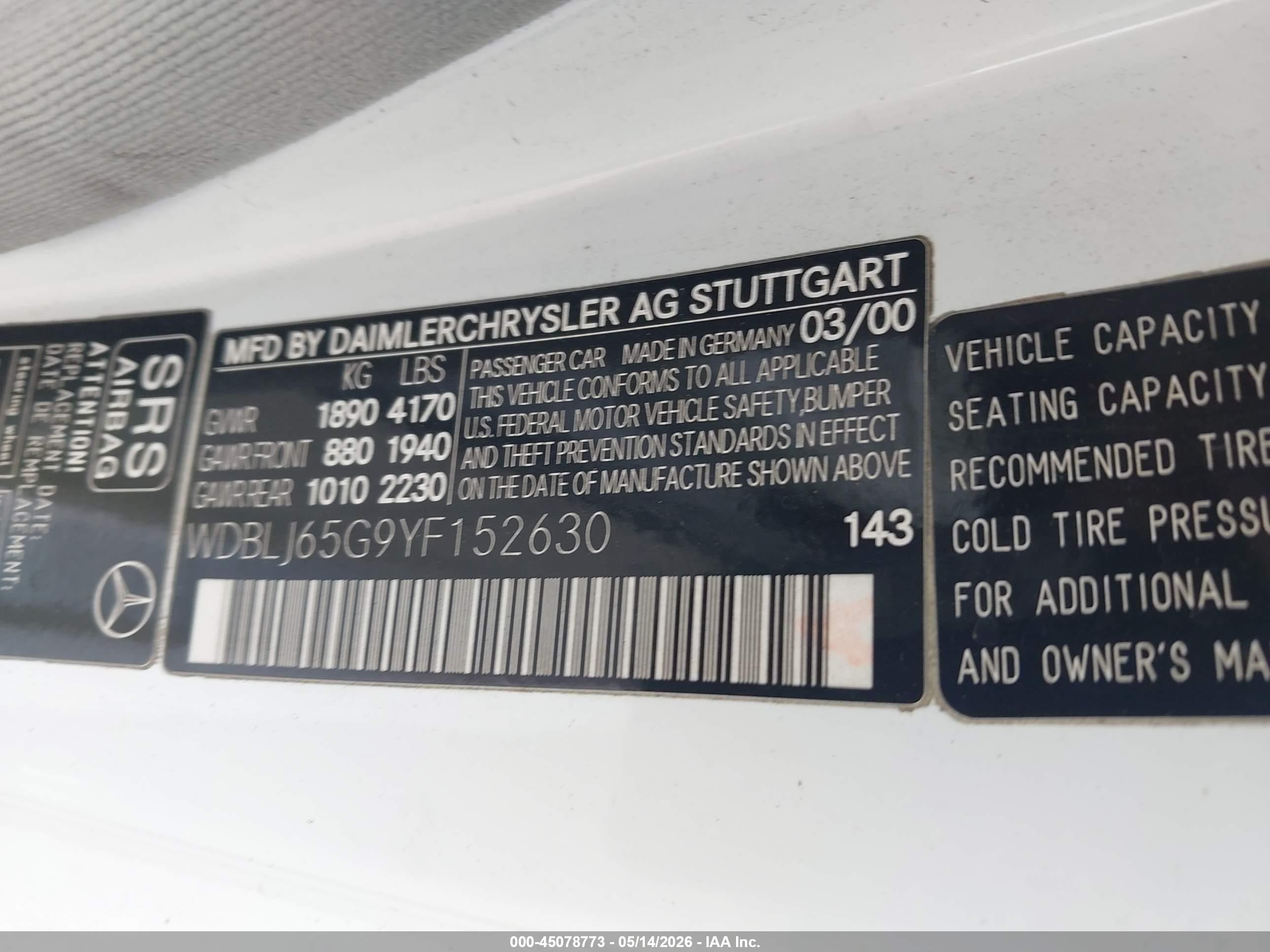 2000 Mercedes-benz Clk 320   Белый vin: WDBLJ65G9YF152630