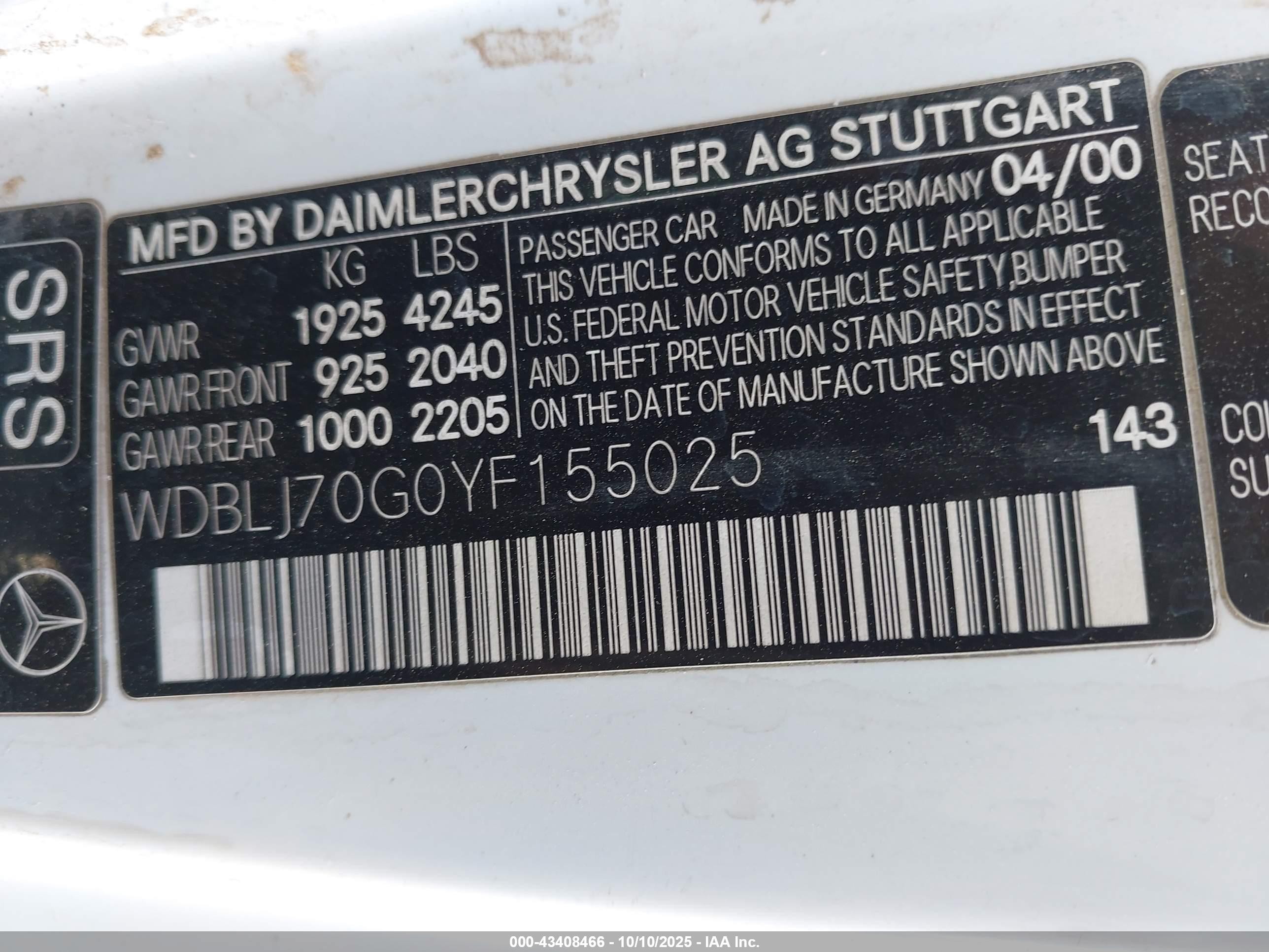 2000 Mercedes-benz Clk 430   White vin: WDBLJ70G0YF155025
