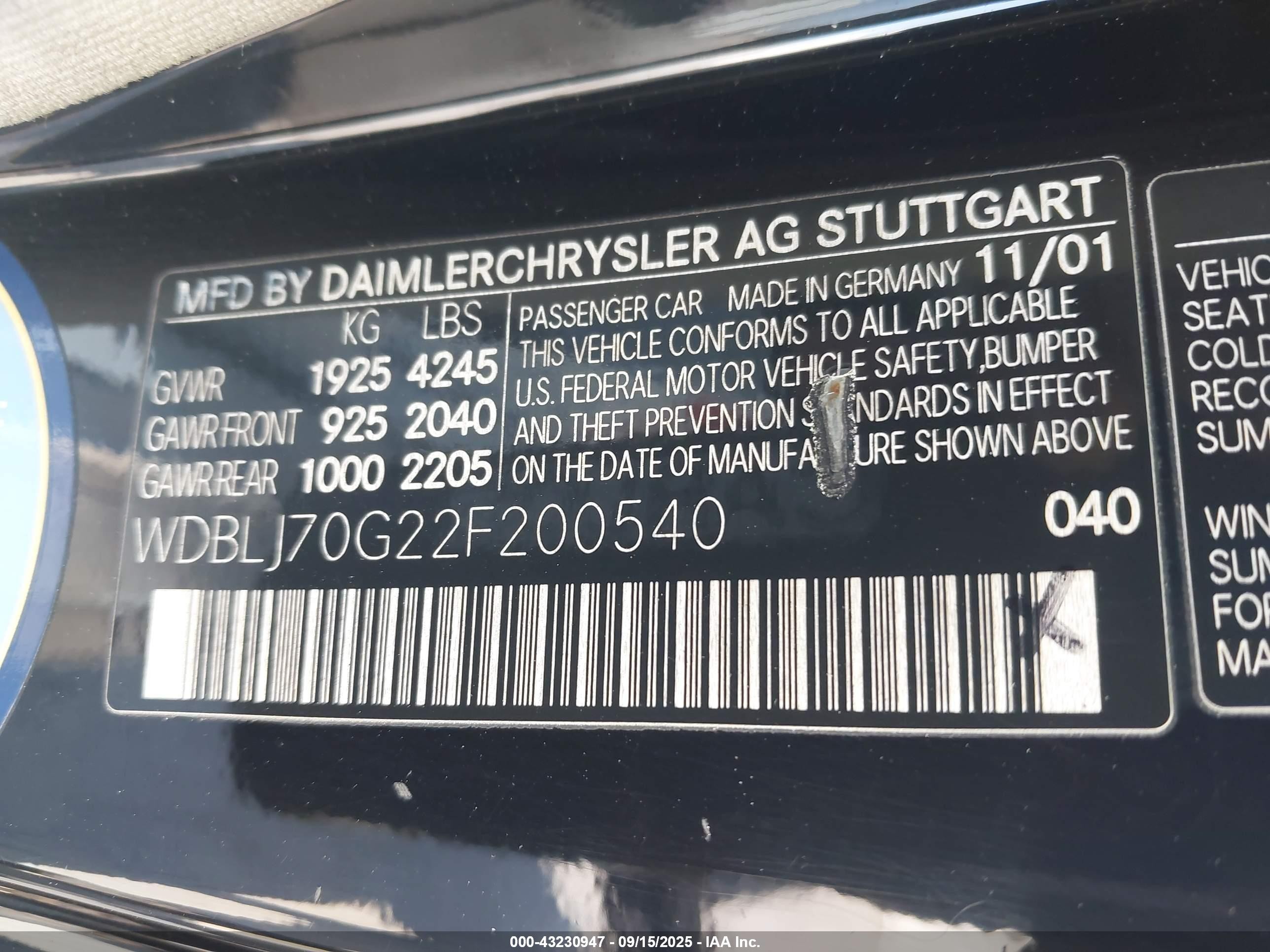 2002 Mercedes-benz Clk 430   Черный vin: WDBLJ70G22F200540