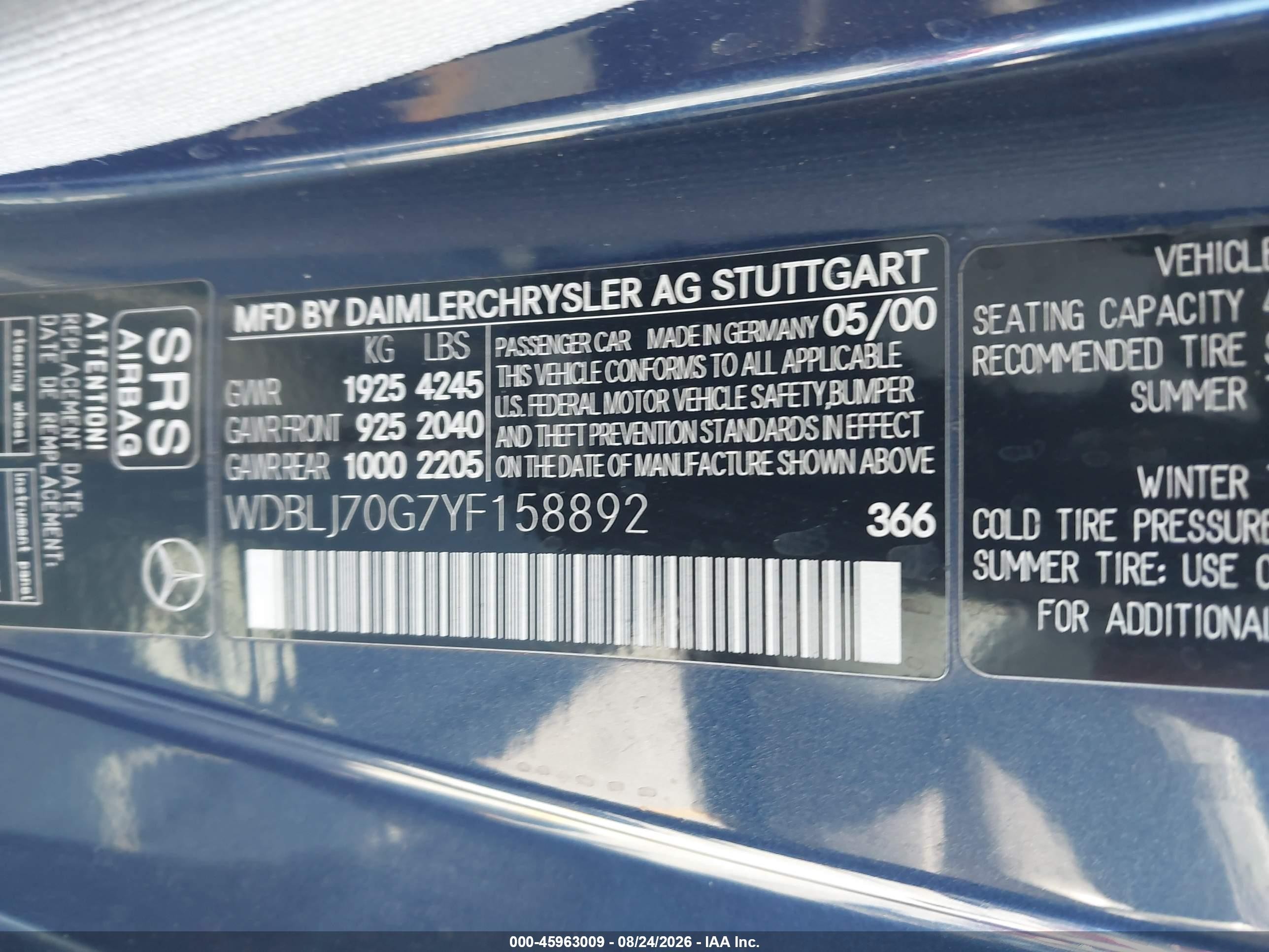 2000 Mercedes-benz Clk 430 Blue vin: WDBLJ70G7YF158892