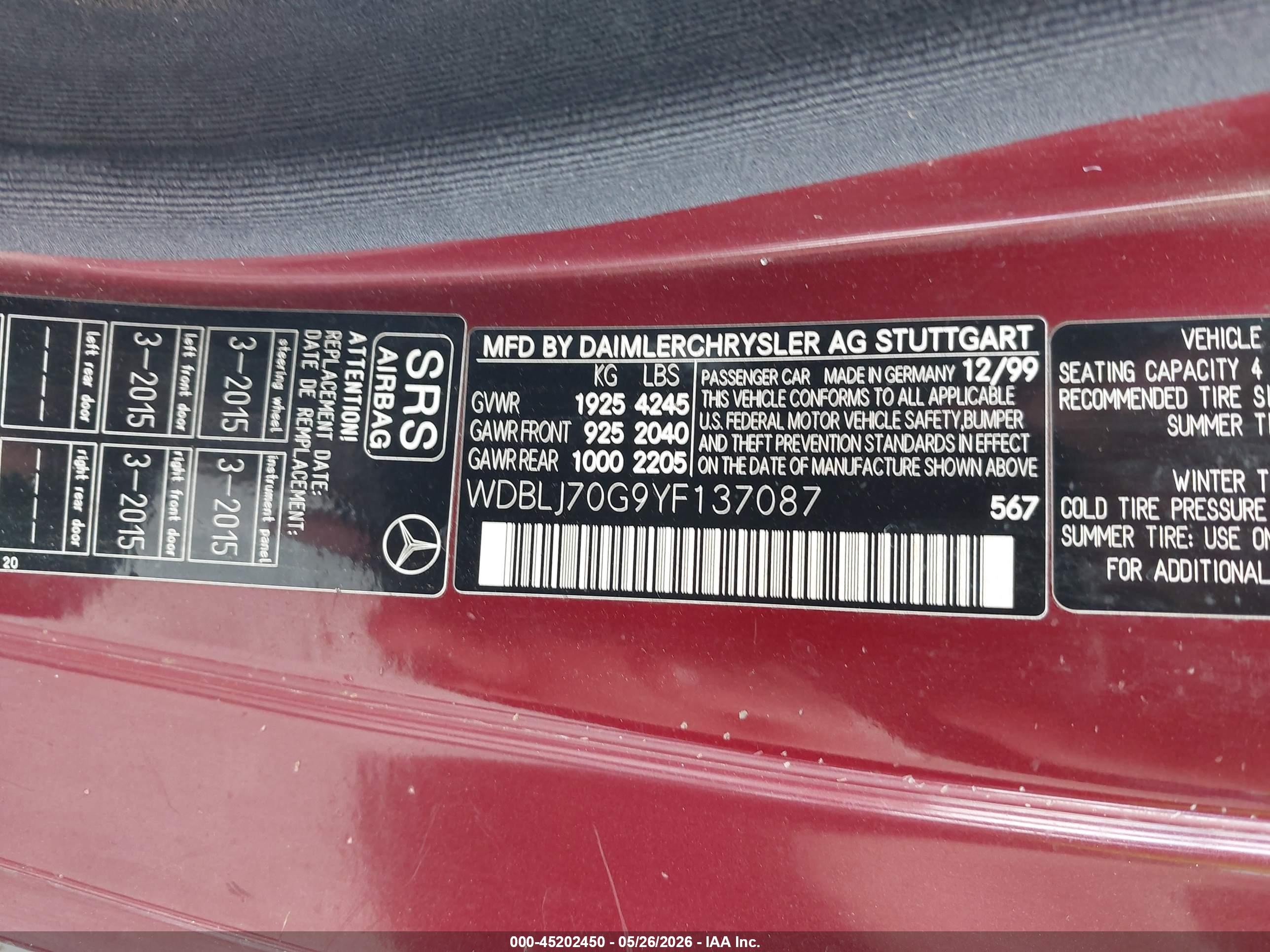 2000 Mercedes-benz Clk 430   Maroon vin: WDBLJ70G9YF137087