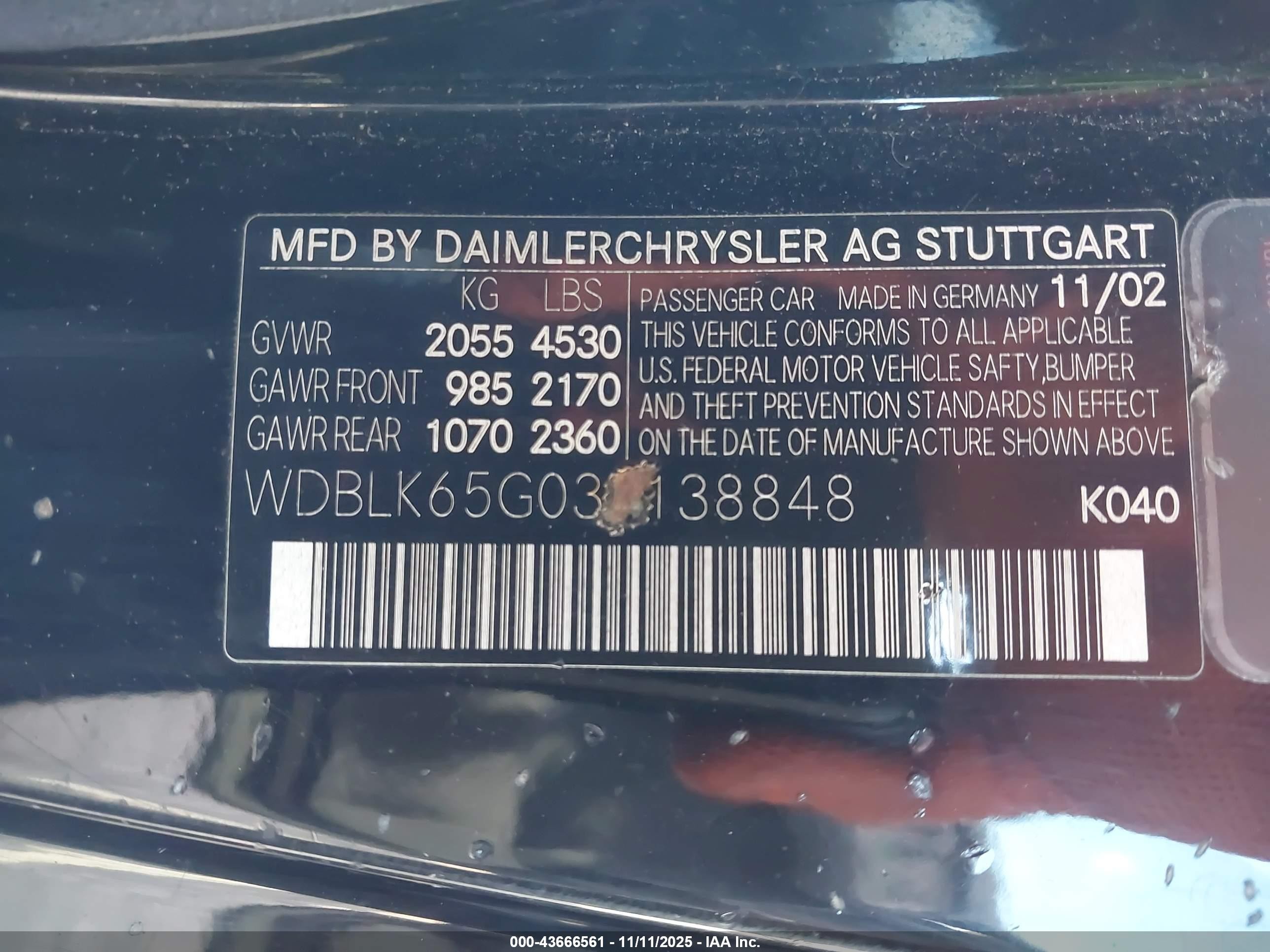 2003 Mercedes-benz Clk 320   Black vin: WDBLK65G03T138848