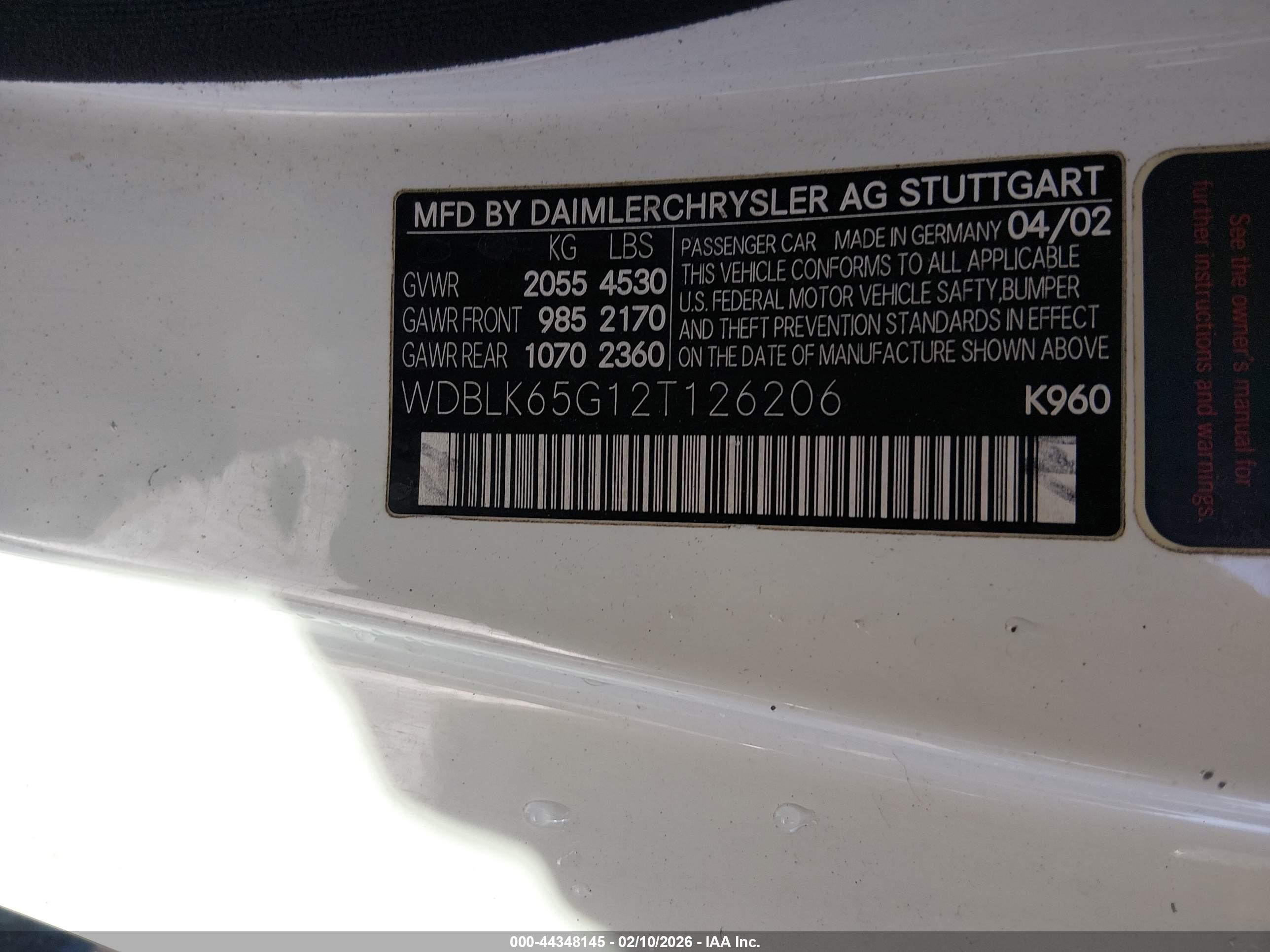 2002 Mercedes-benz Clk 320   White vin: WDBLK65G12T126206
