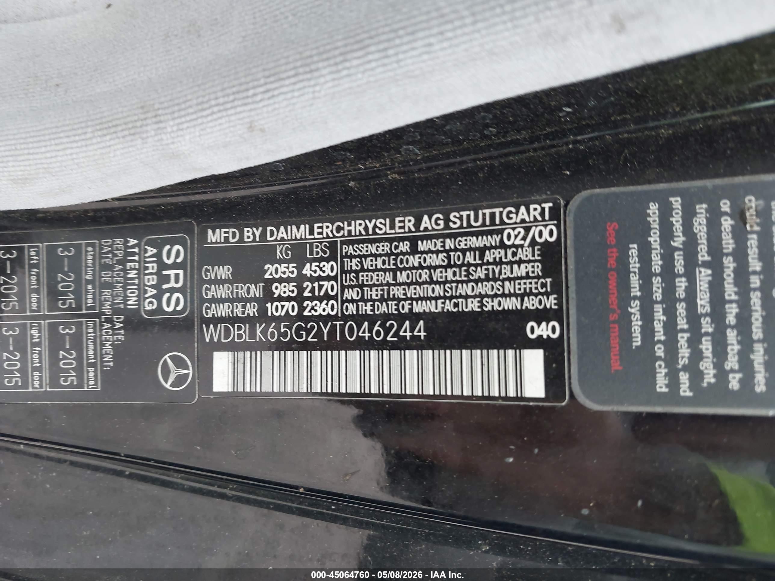 2000 Mercedes-benz Clk 320   Black vin: WDBLK65G2YT046244