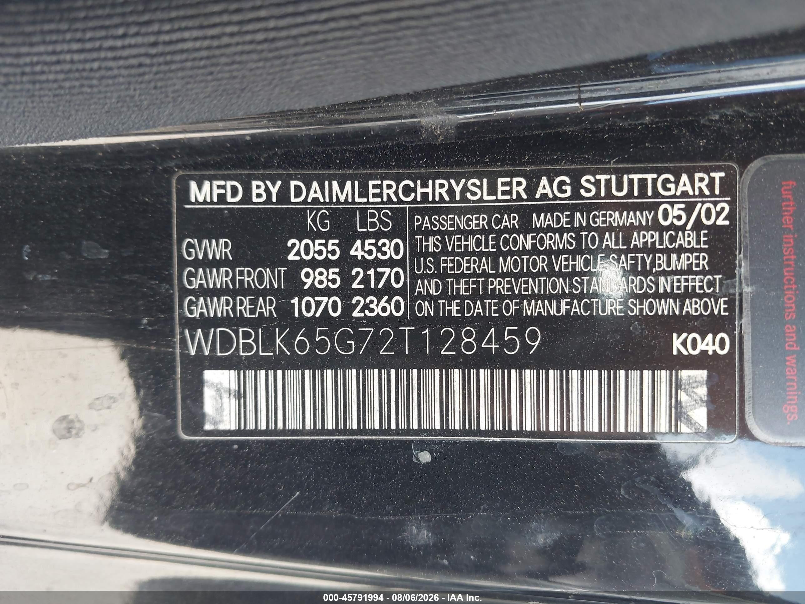 2002 Mercedes-benz Clk 320   Black vin: WDBLK65G72T128459