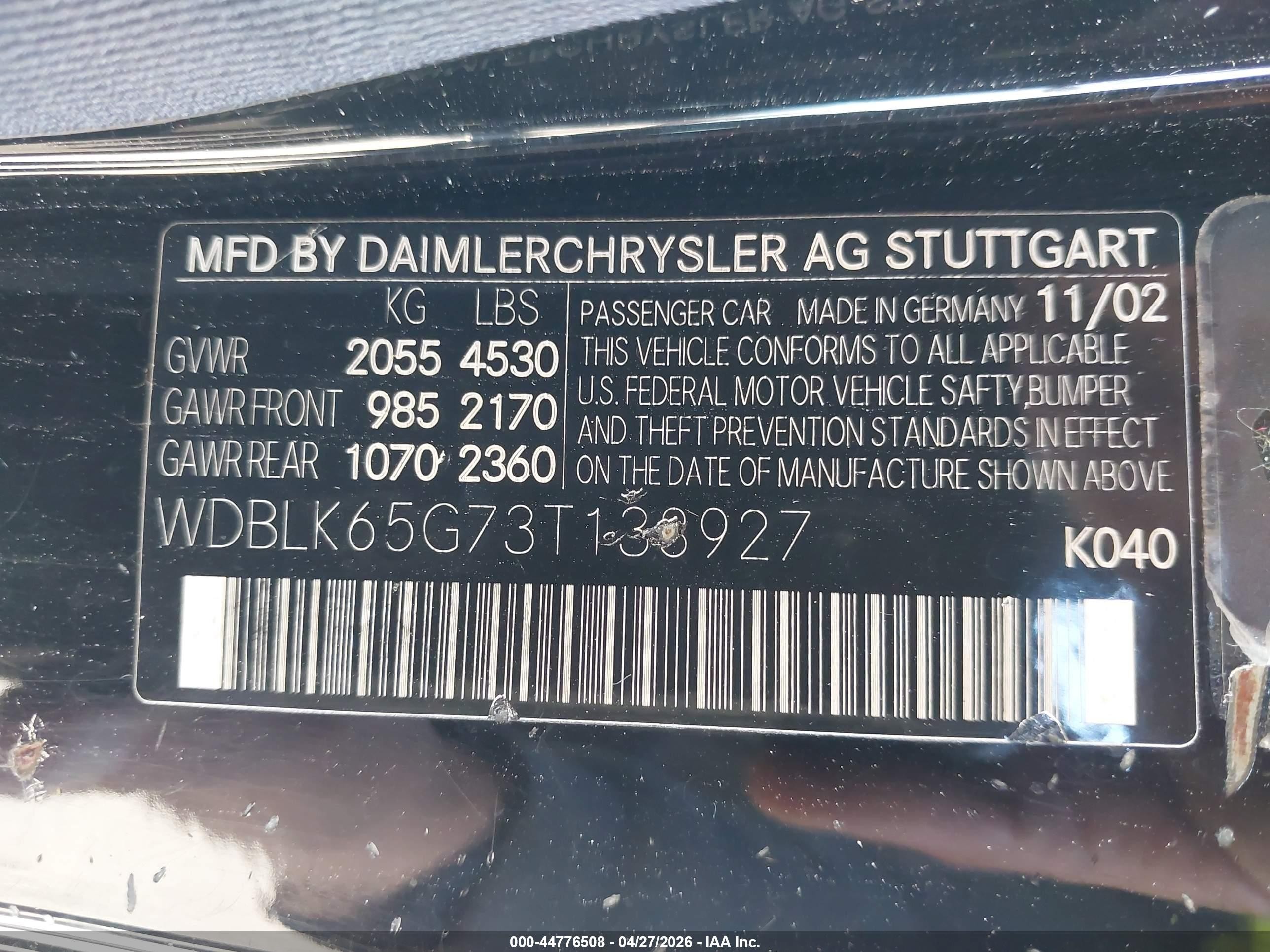 2003 Mercedes-benz Clk 320   Black vin: WDBLK65G73T138927