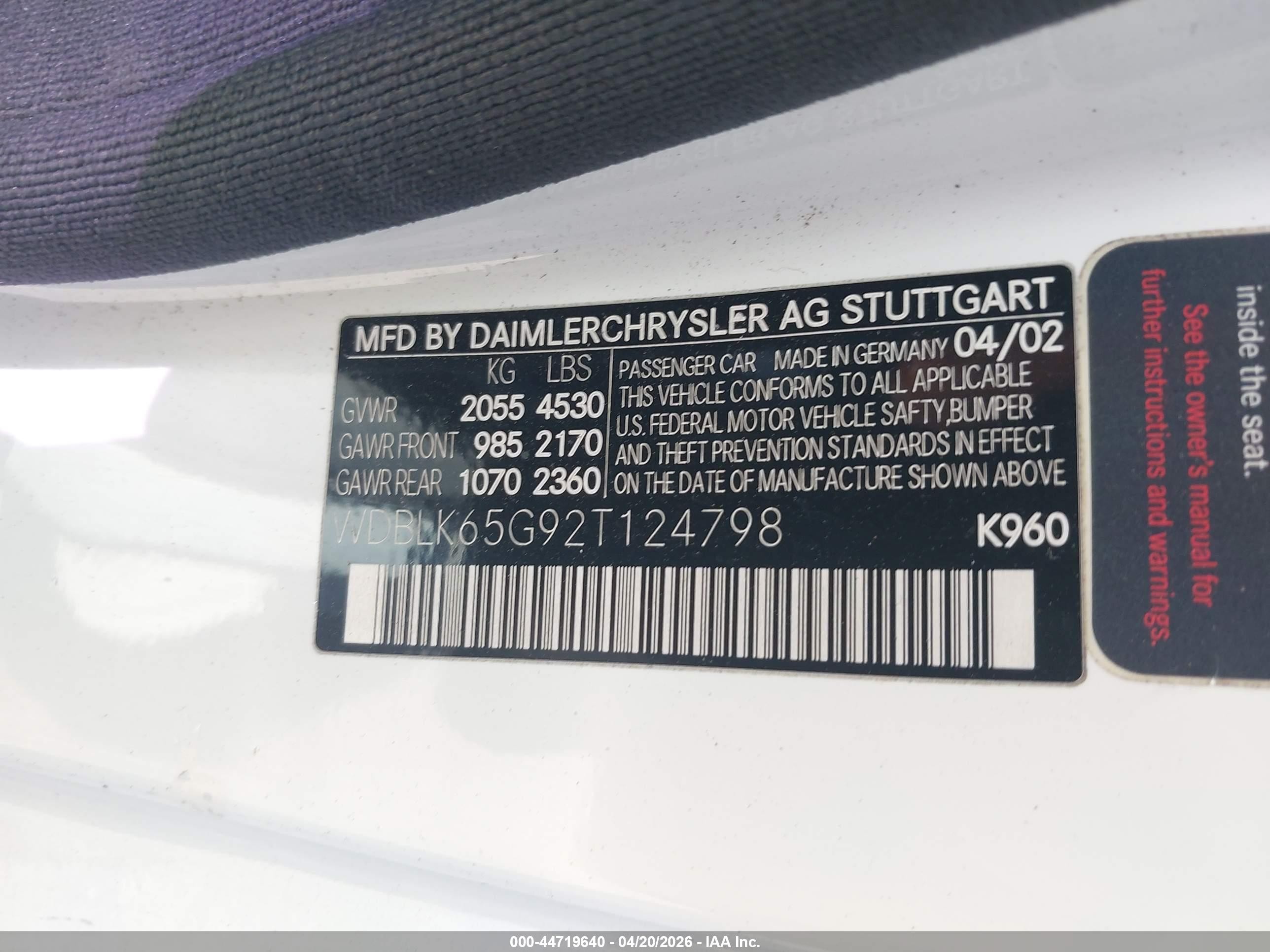 2002 Mercedes-benz Clk 320   White vin: WDBLK65G92T124798