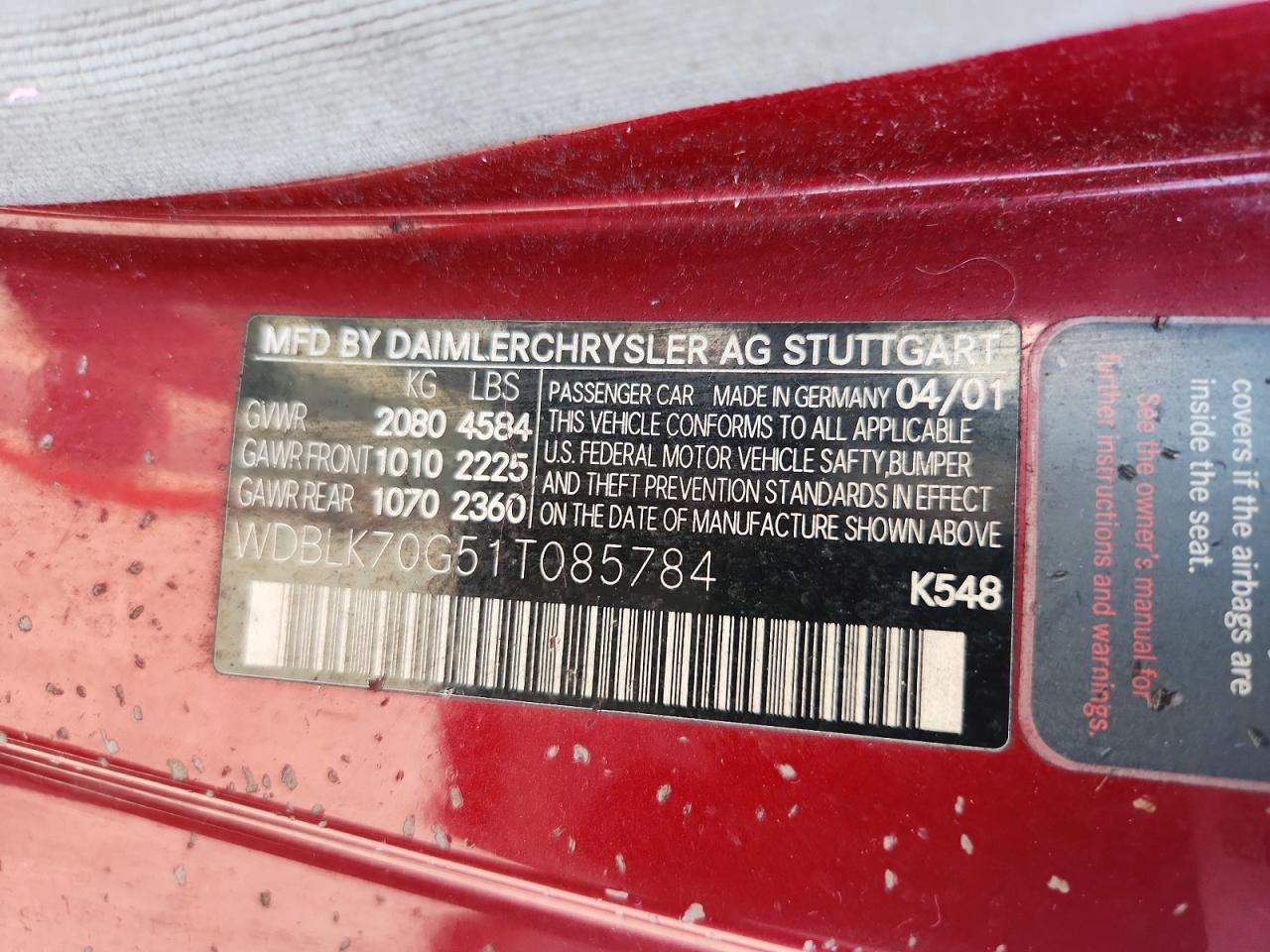 2001 Mercedes-benz Clk 430 Red vin: WDBLK70G51T085784