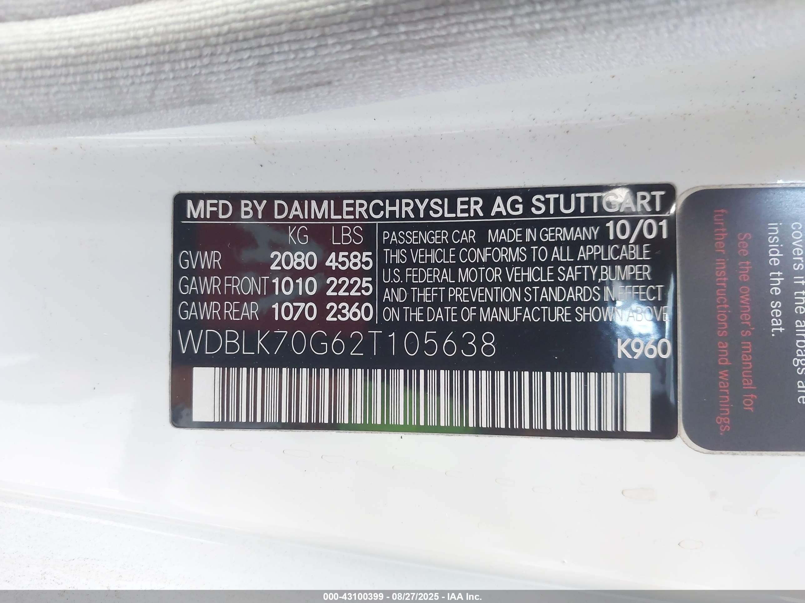 2002 Mercedes-benz Clk 430   White vin: WDBLK70G62T105638