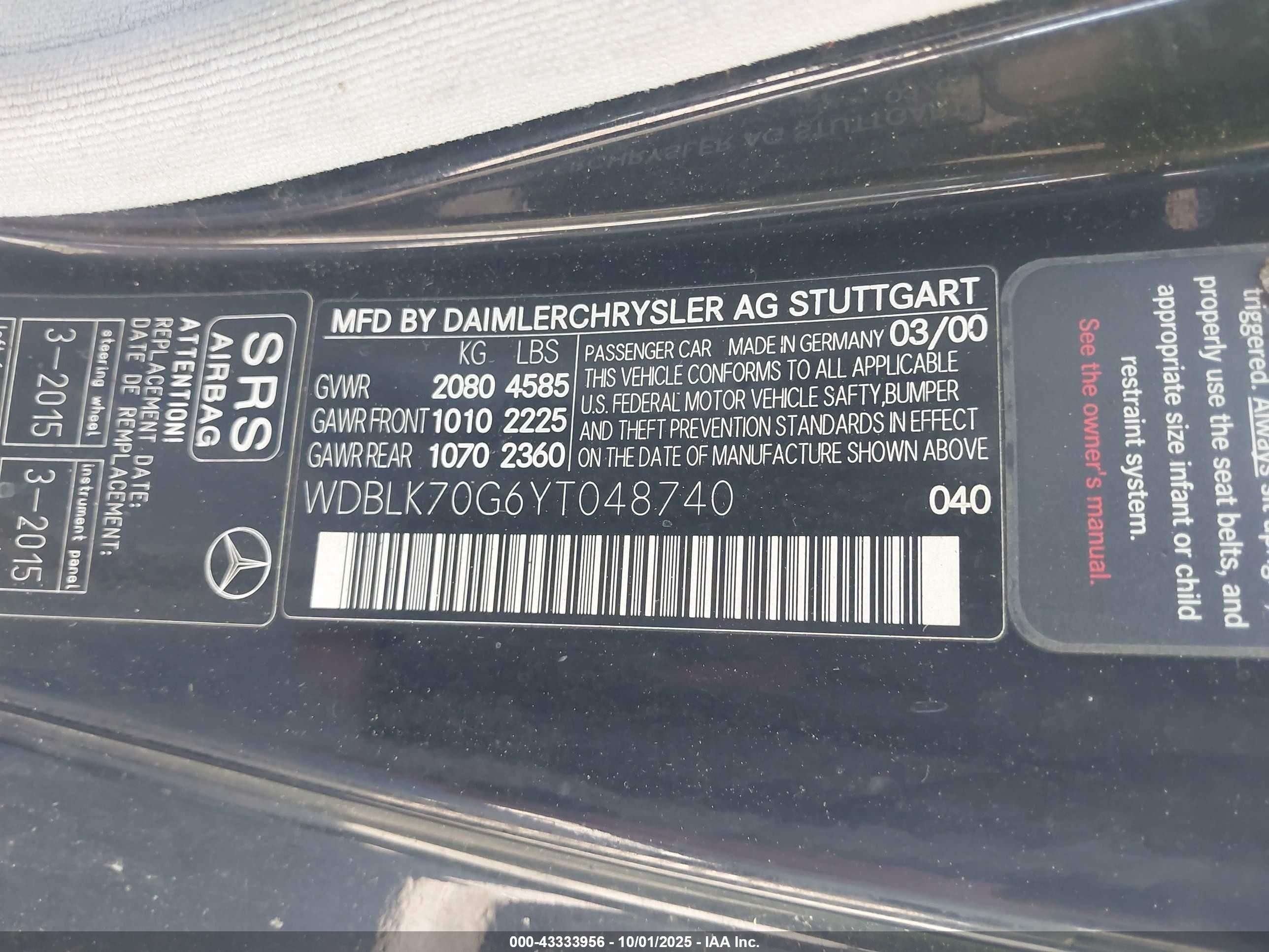 2000 Mercedes-benz Clk 430   Black vin: WDBLK70G6YT048740